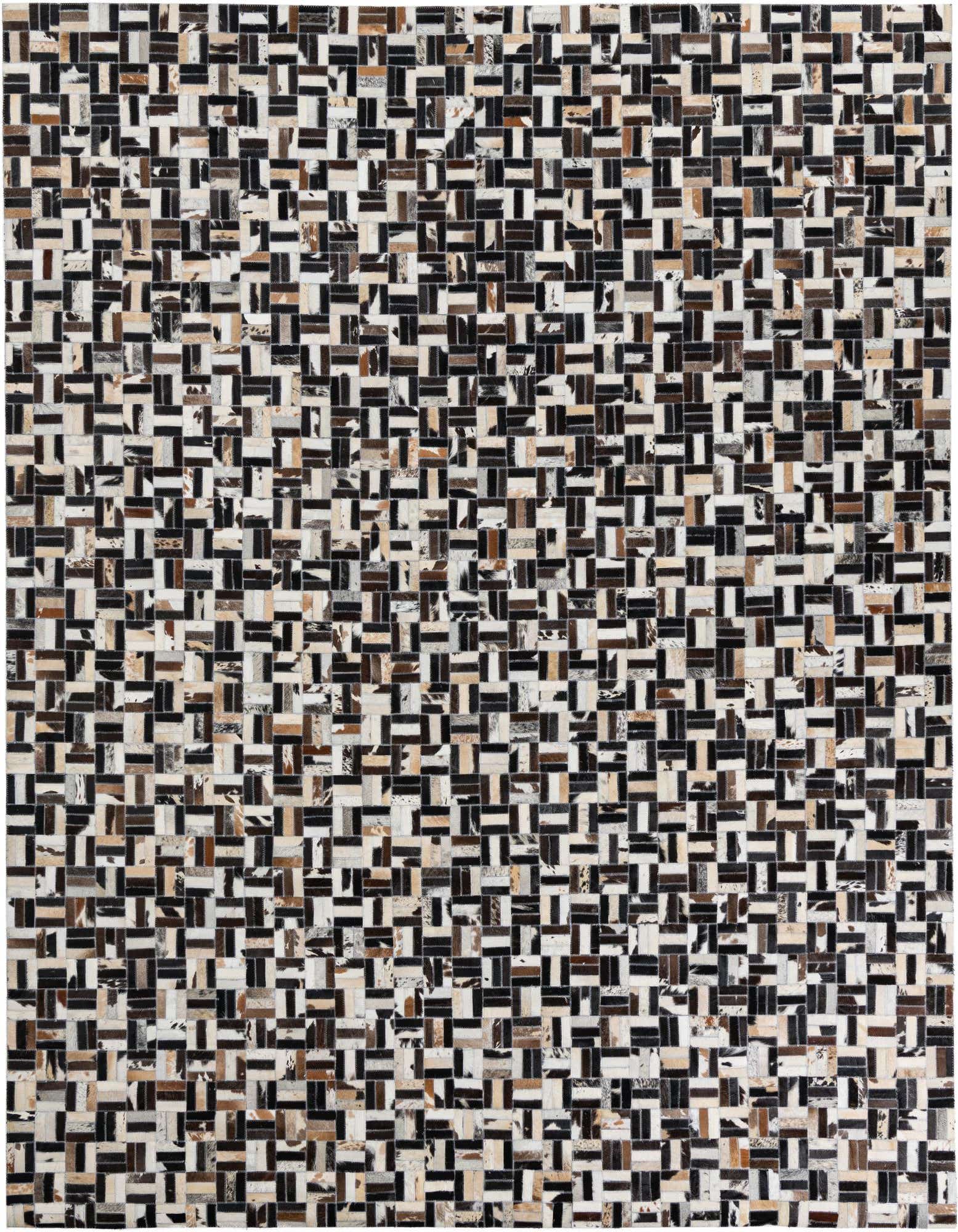 A rectangular 8x10 multi-colored modern rug made from cowhide and leather, featuring a mosaic of small black, white, and brown rectangular patches.