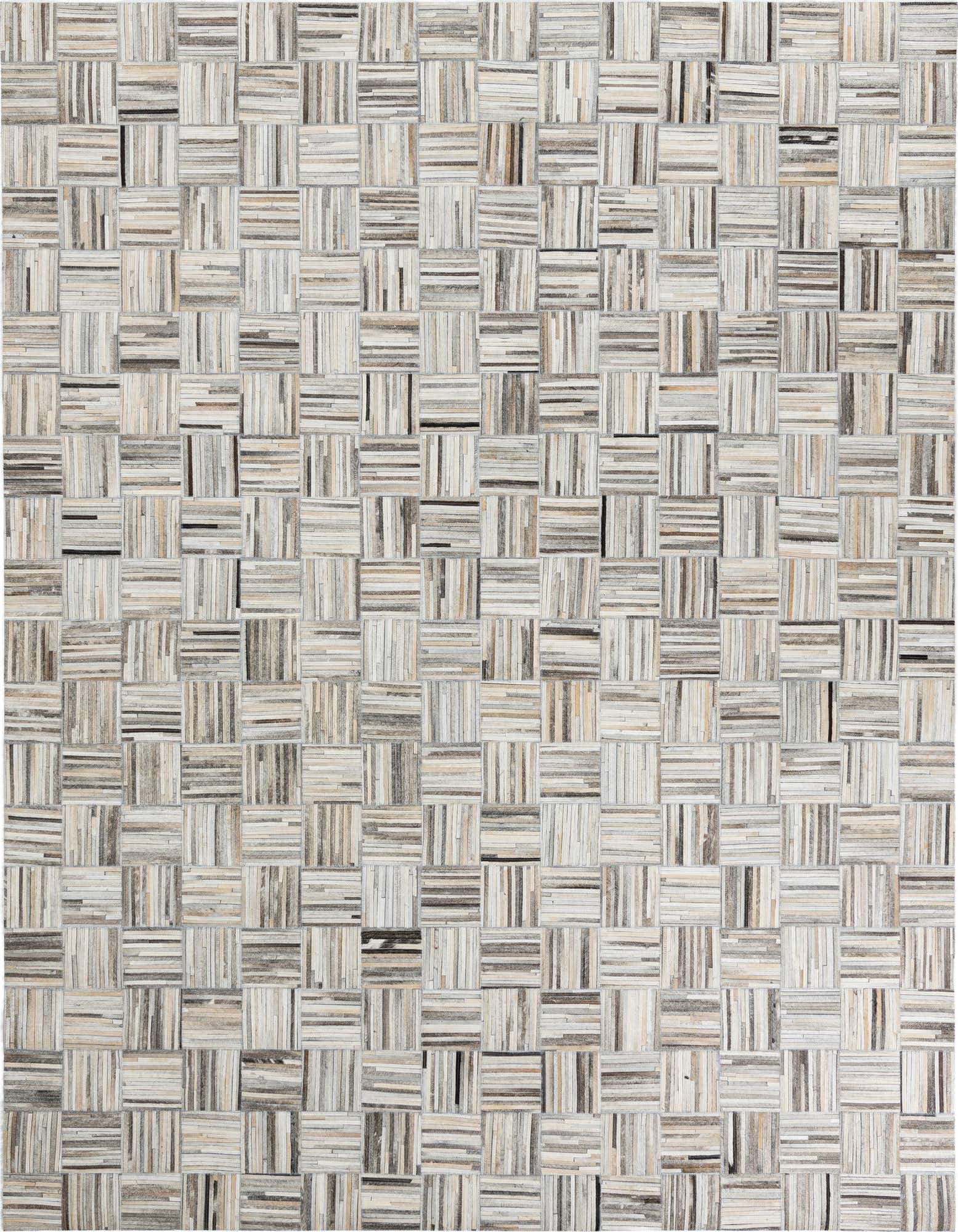A rectangular 8x10 Cowhide Leather rug featuring a modern stripe pattern in multi-colored natural tones.