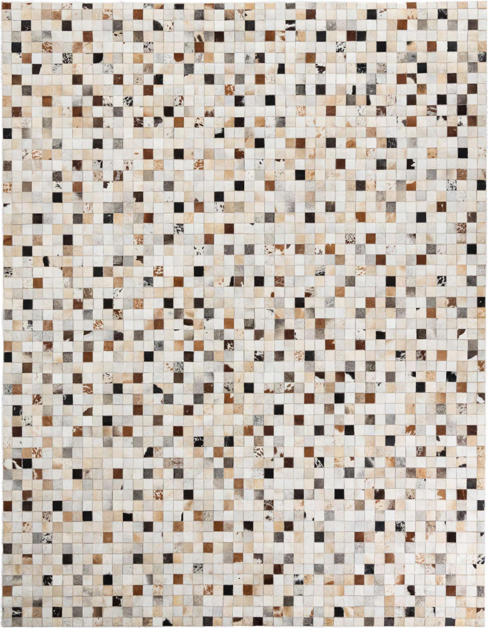 A rectangular 8x10 Cowhide Leather rug featuring a modern patchwork of multi-colored squares in various natural brown, black, and cream tones.