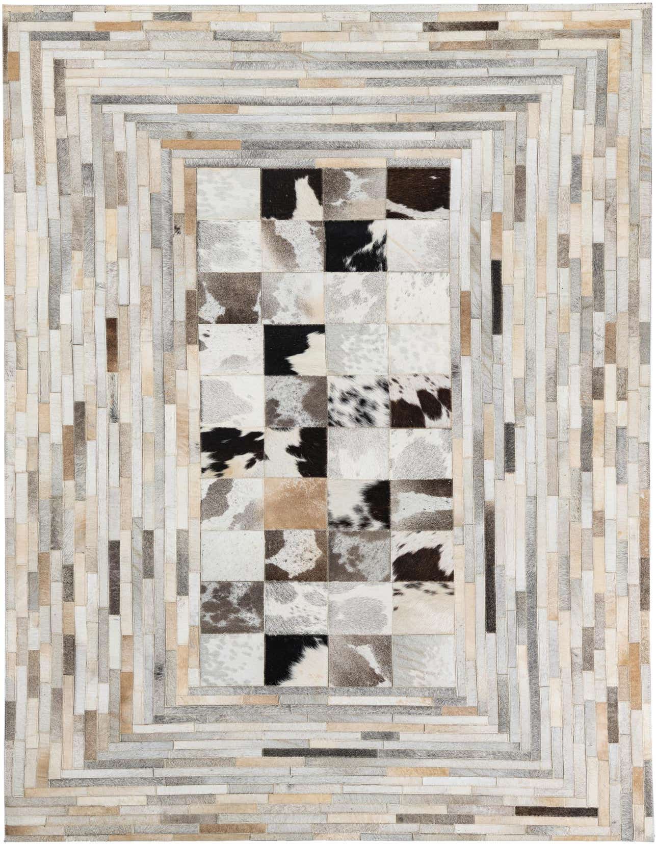 A rectangular 5x8 multi-colored cowhide and leather rug with a modern abstract pattern, featuring a checkerboard center framed by linear strips.