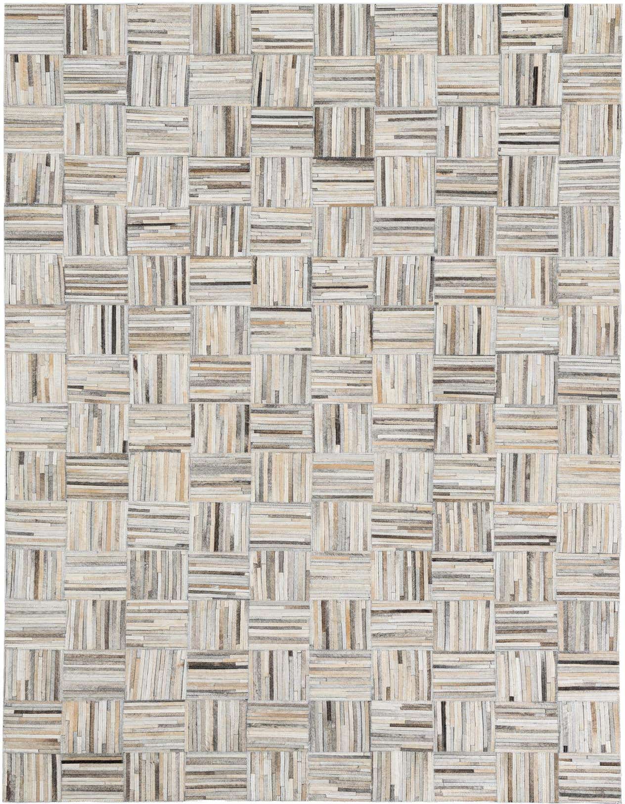 A 5x8 rectangular Cowhide Leather rug featuring a modern striped pattern in multi-colored natural tones.