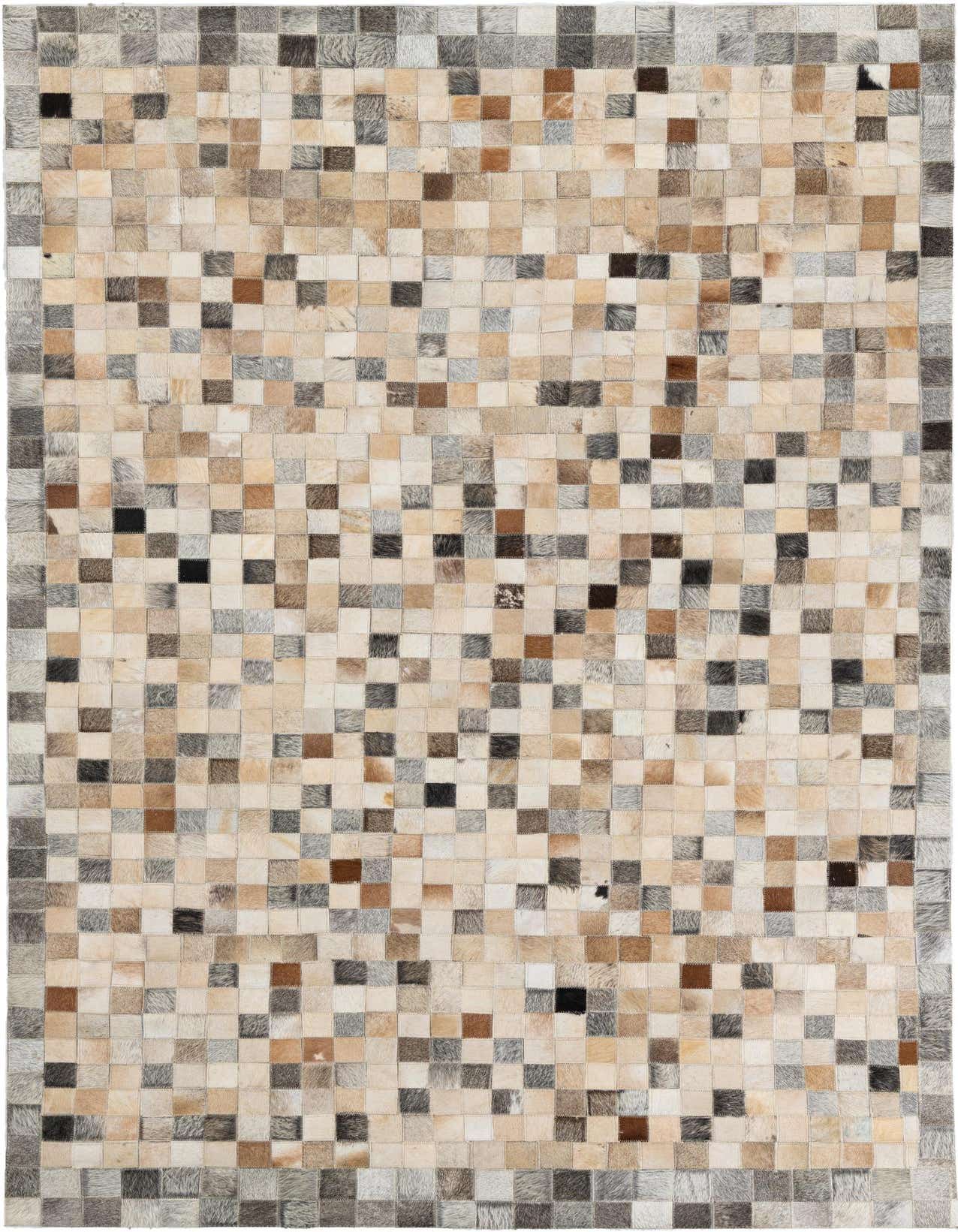 A rectangular 5x8 multi-colored cowhide rug featuring a modern abstract patchwork of natural hide squares in varying shades of brown, beige, cream, and gray.
