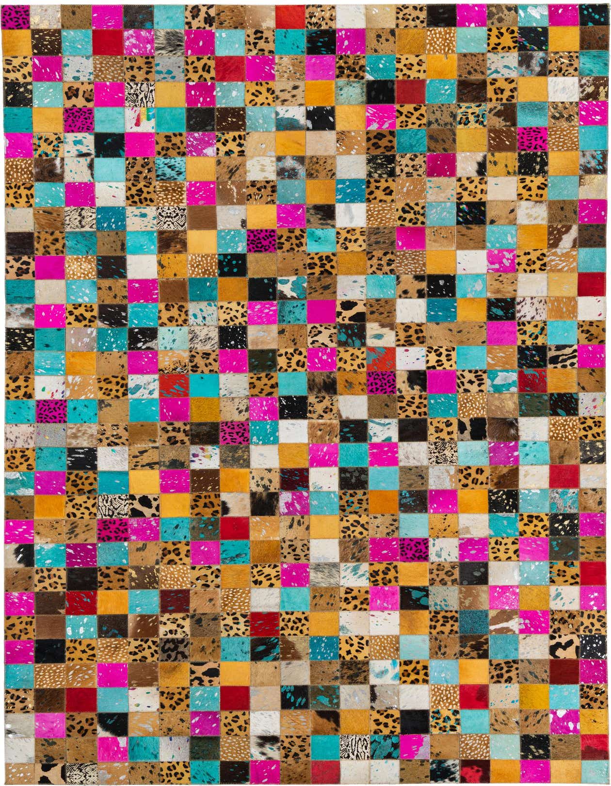 A vibrant 5x8 rectangular Cowhide Leather rug featuring a patchwork of multi-colored squares, including animal prints and solid bright hues like fuchsia and teal.