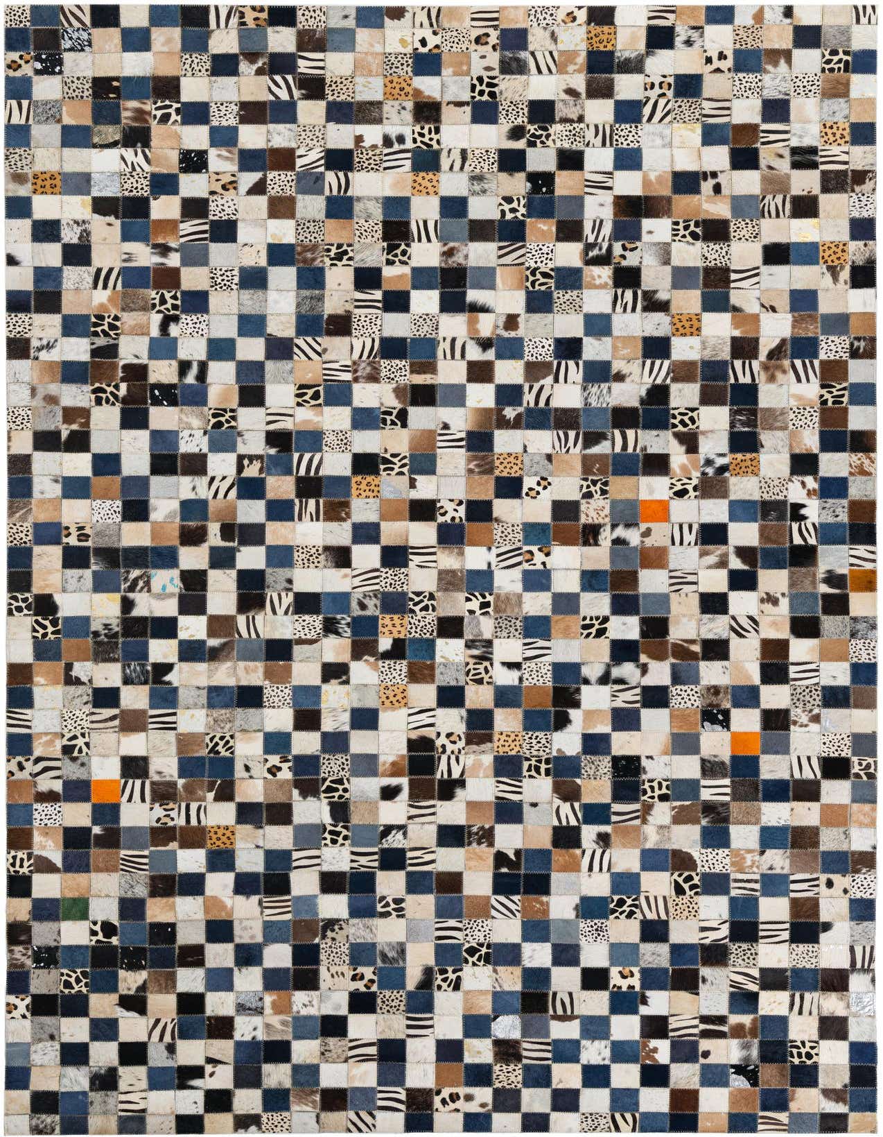A 5x8 rectangular Cowhide Leather rug featuring a modern, abstract patchwork design in multi-colored squares, including animal prints and denim blue.