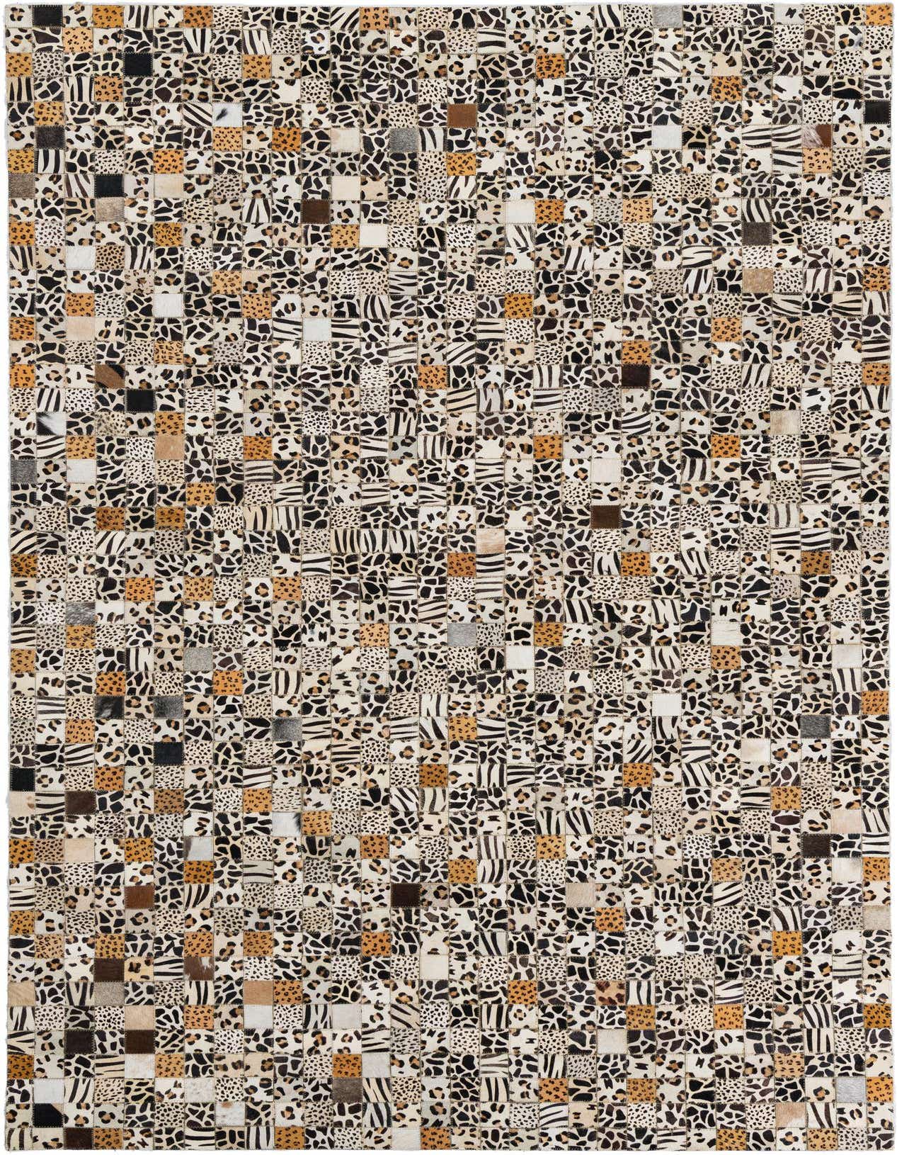 A 5x8 rectangular Cowhide Leather rug featuring a modern patchwork of multi-colored animal prints like leopard, zebra, and giraffe.