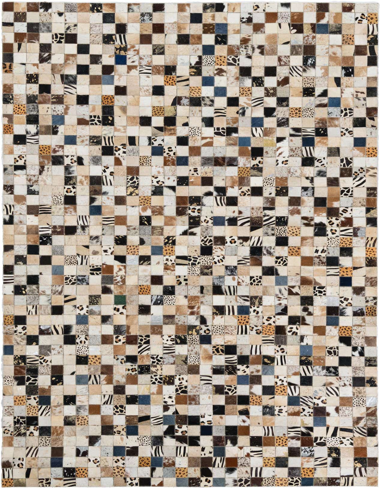 A 5x8 rectangular, multi-colored cowhide rug featuring a modern, abstract patchwork of various animal prints and solid squares.