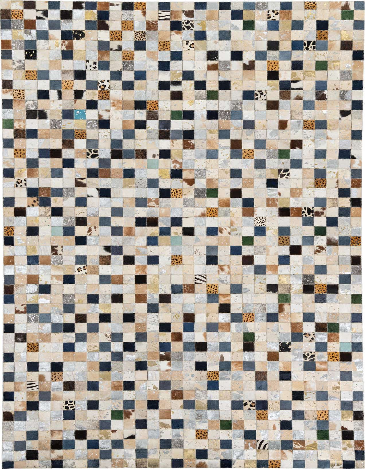 A 5x8 rectangular, multi-colored cowhide and leather rug featuring a modern patchwork of varied animal prints and solid squares.
