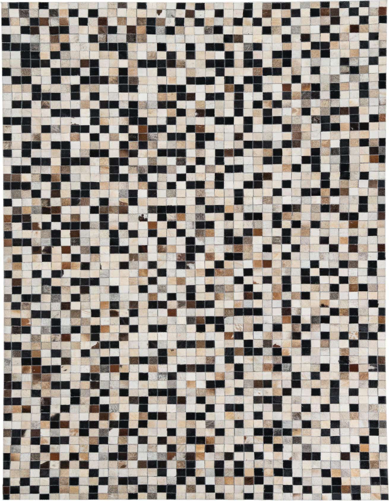 A rectangular 5x8 modern cowhide rug featuring a mosaic of multi-colored squares in black, brown, and cream tones.