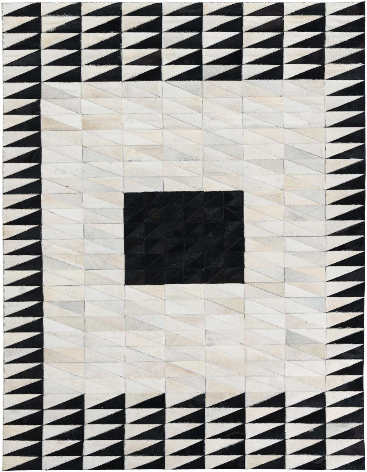 A 5x8 rectangular Cowhide Leather rug featuring a modern geometric pattern of black and white triangles.