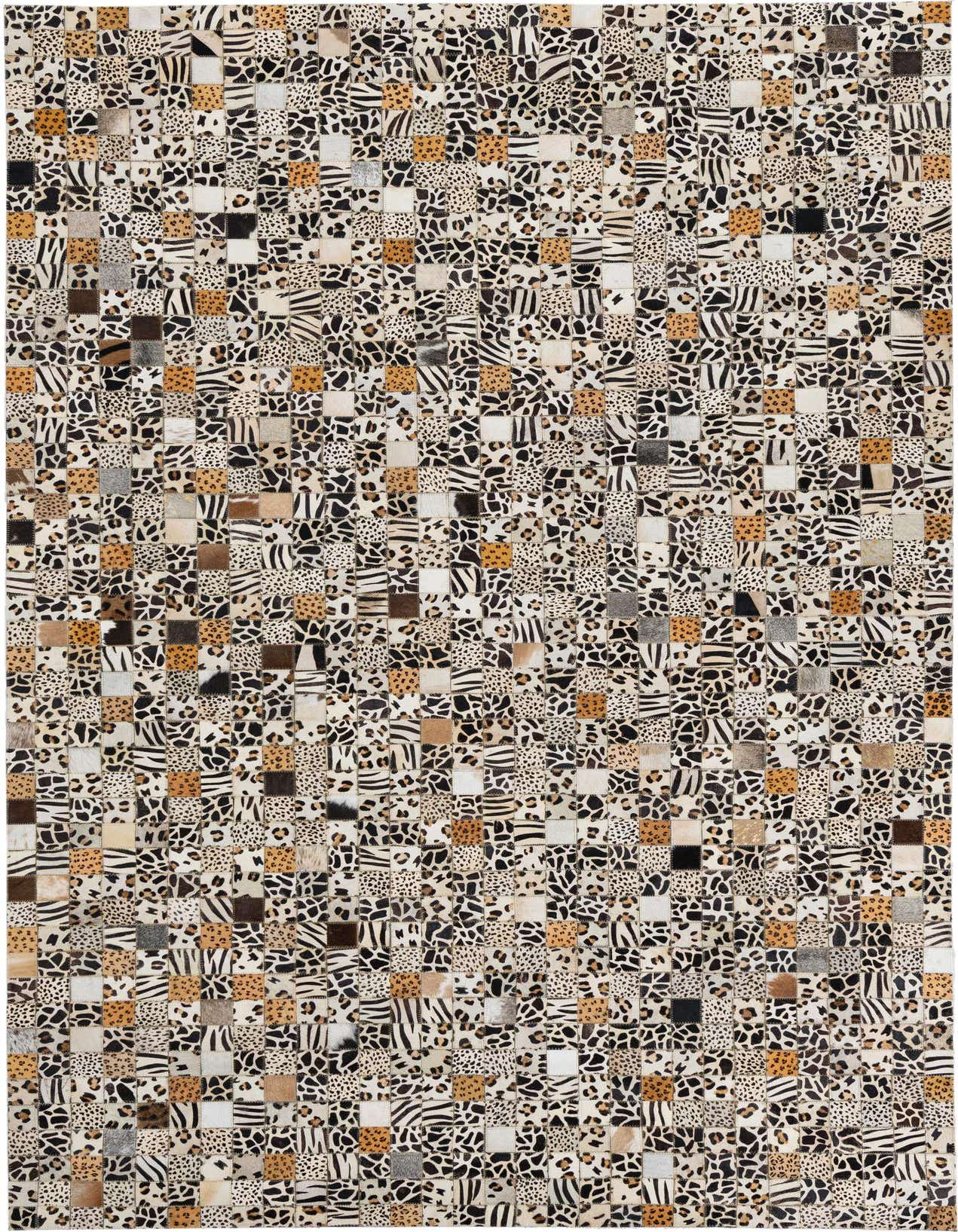 A 5x8 rectangular Cowhide Leather rug featuring a modern patchwork of multi-colored animal prints like leopard, zebra, and giraffe.