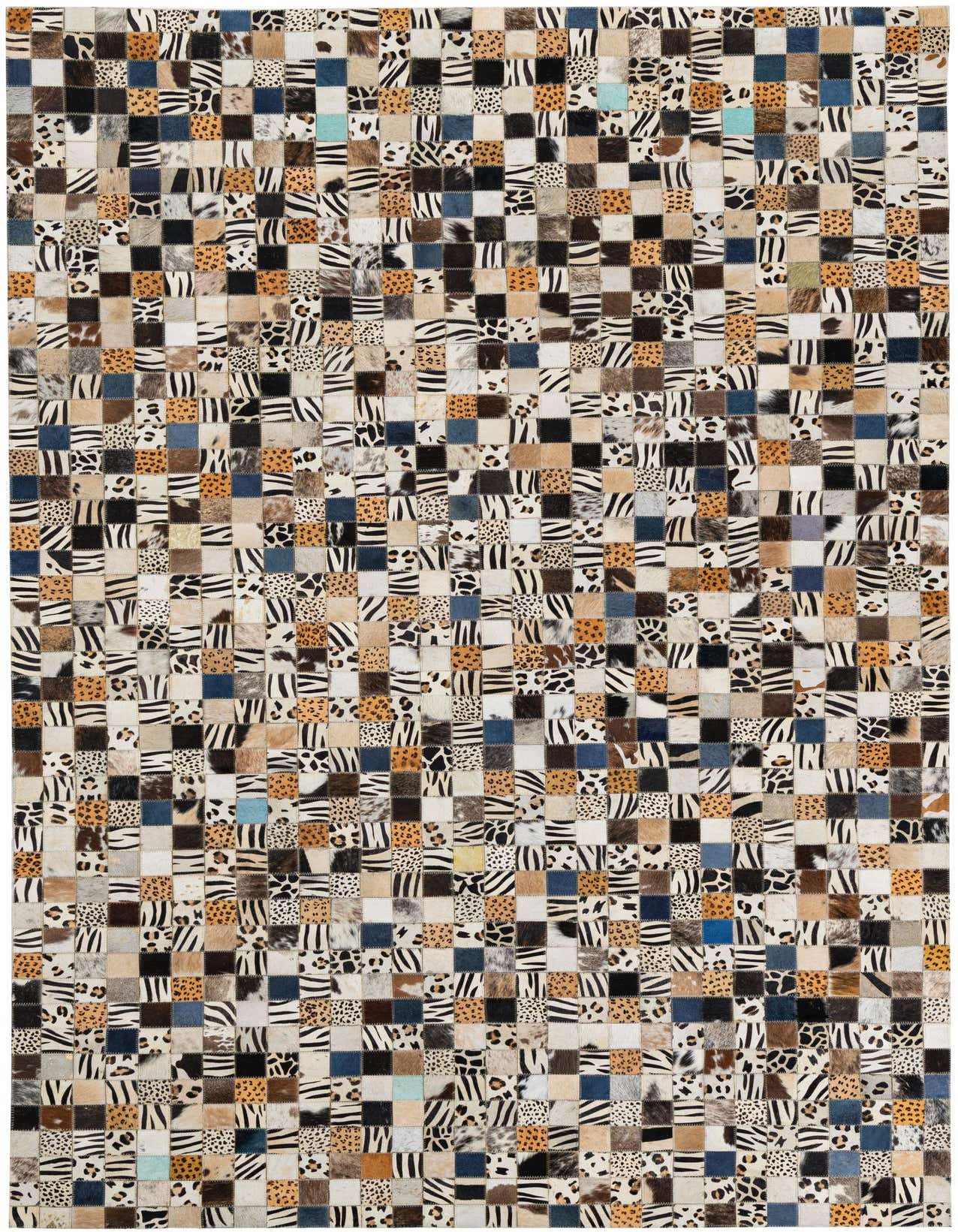 A rectangular 5x8 multi-colored modern cowhide and leather rug with a patchwork design featuring animal prints like zebra and leopard, alongside solid brown, black, and blue squares.