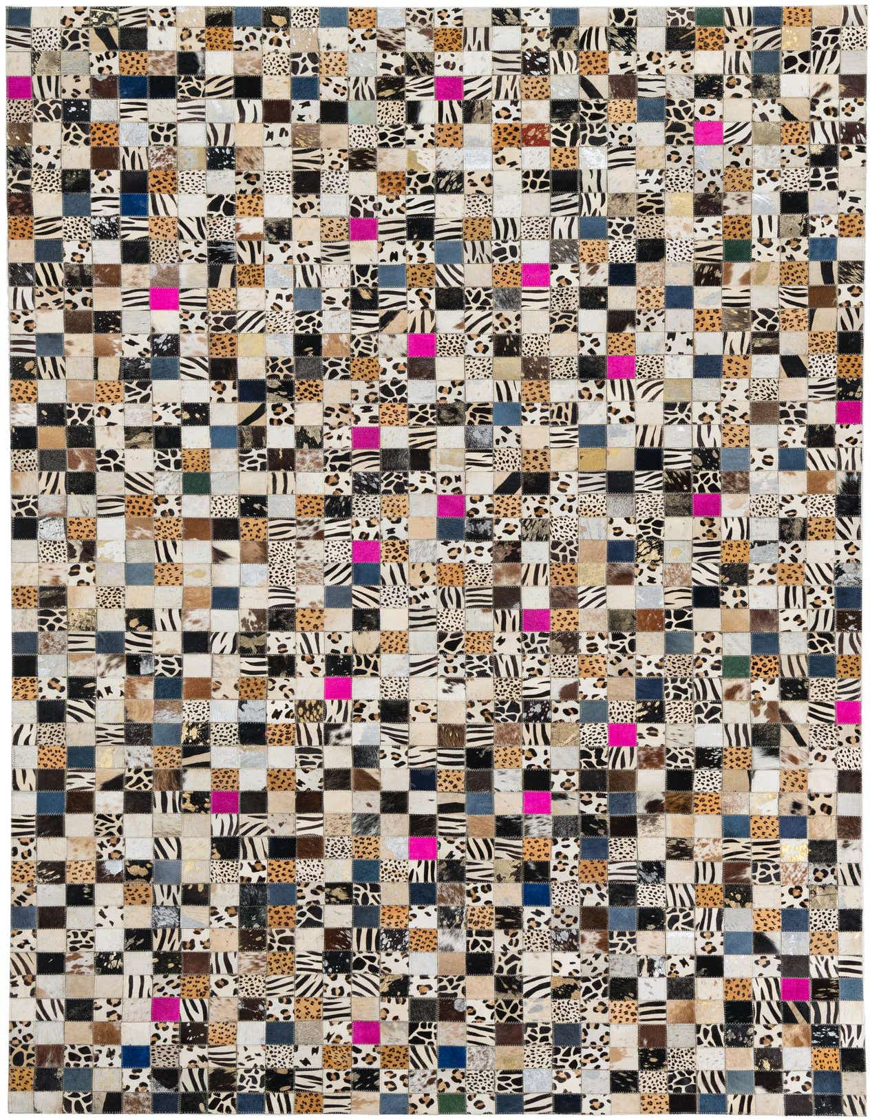 A 5x8 rectangular Cowhide & Leather rug featuring a modern patchwork of multi-colored animal prints and solid squares, including vibrant pink accents.