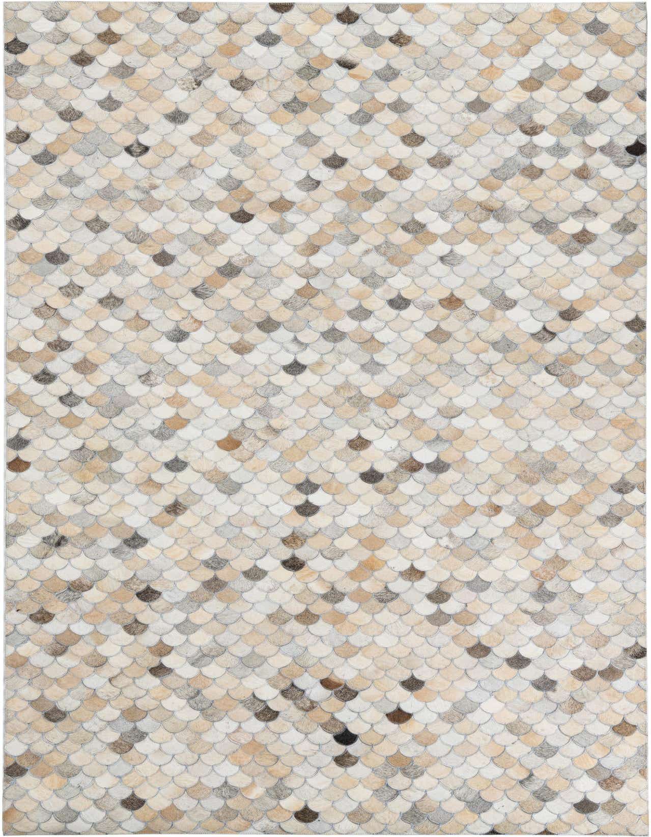 A rectangular 5x8 modern area rug made from multi-colored cowhide and leather in a scalloped, fish-scale pattern.