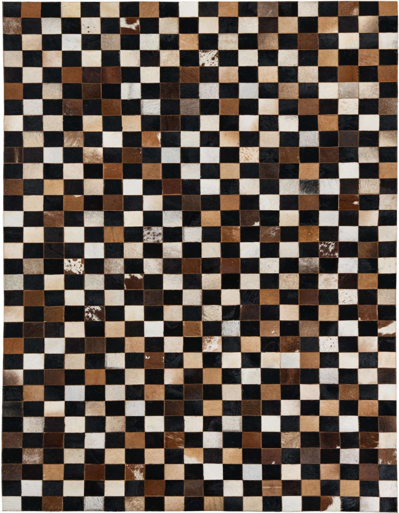 A 5x8 rectangular Cowhide & Leather rug featuring a modern checkered pattern in multi-colored patches of black, brown, and white.