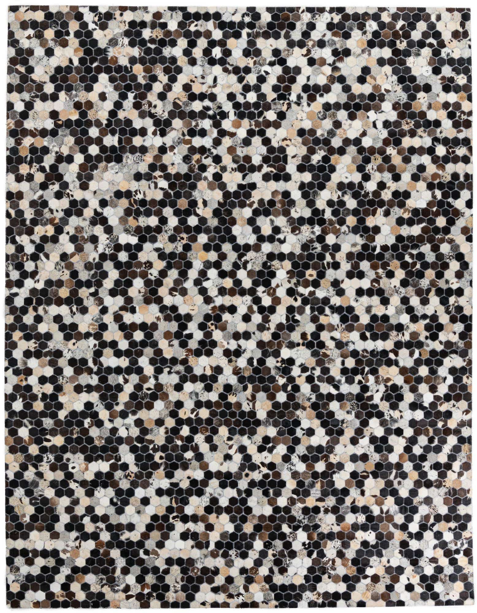 A rectangular 8x10 multi-colored cowhide and leather rug with a modern hexagonal pattern, suitable for a living room.