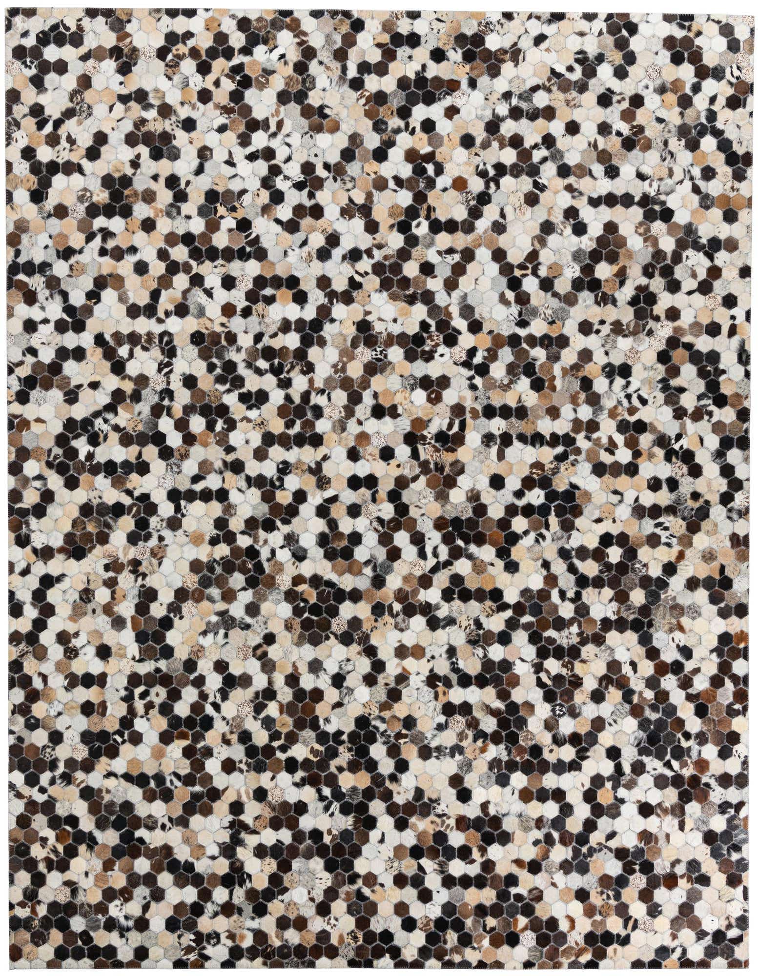 A rectangular 8x10 modern cowhide rug featuring a mosaic of multi-colored hexagonal leather patches in various shades of brown, black, and cream.