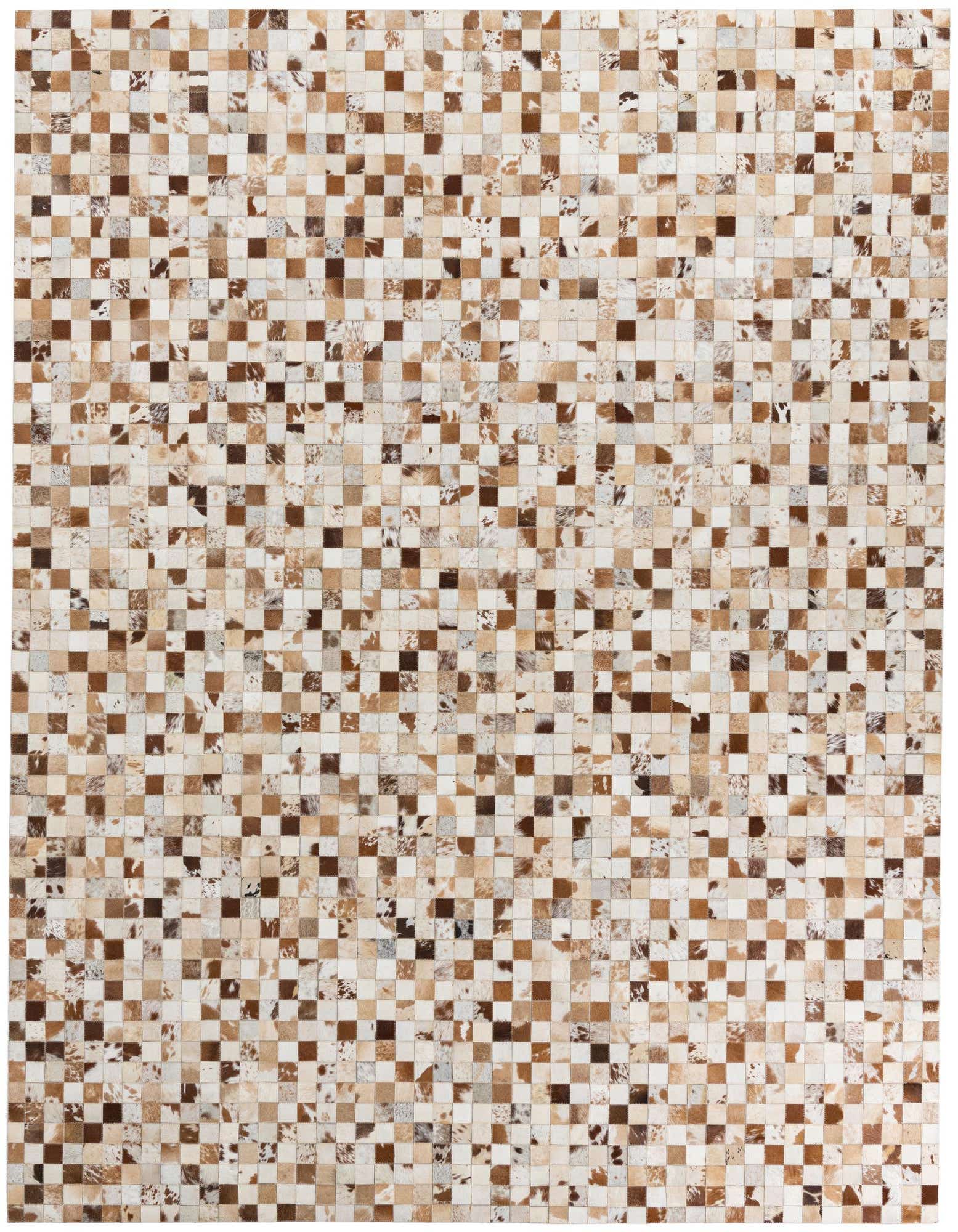 A rectangular 8x10 Cowhide Leather rug featuring a modern patchwork pattern of multi-colored squares in various natural brown, beige, and white tones.