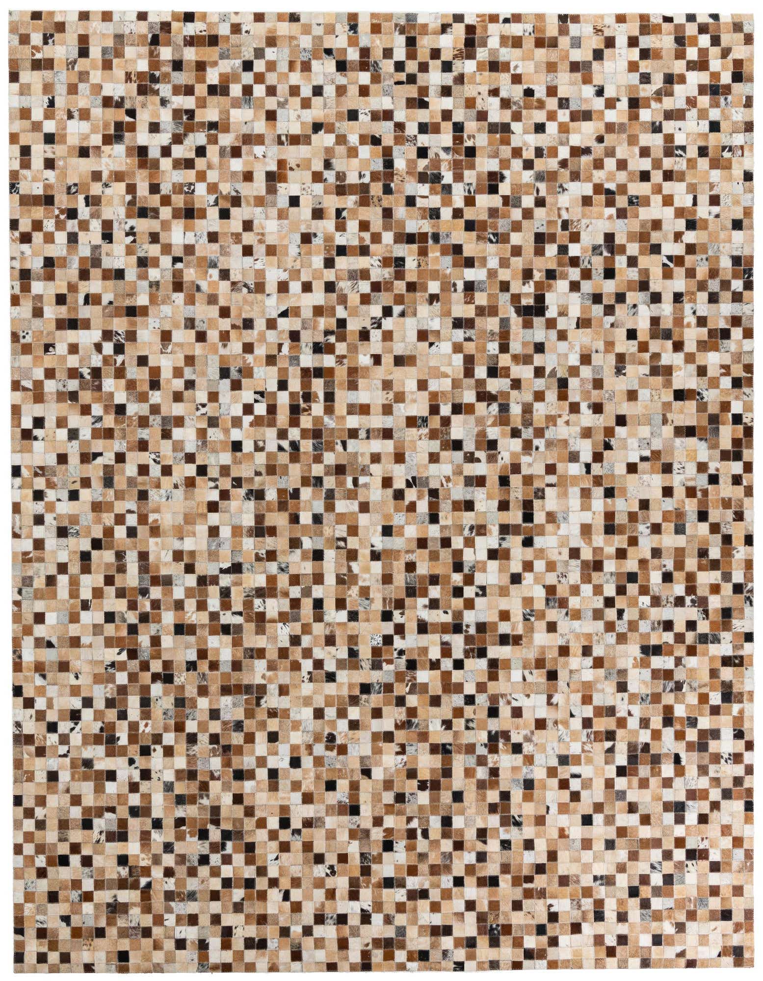 A rectangular 8x10 multi-colored modern cowhide and leather rug with a patchwork square pattern, perfect for a living room.