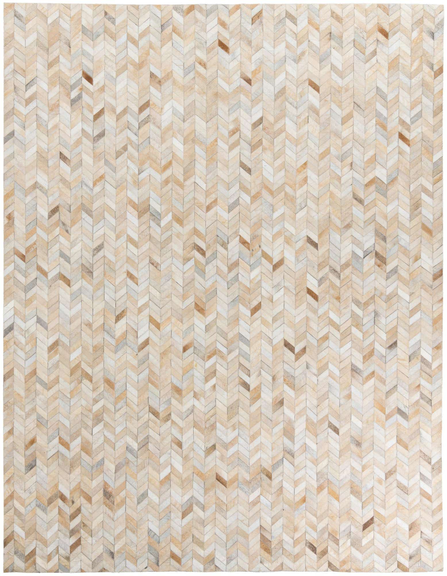 A rectangular 8x10 Cowhide Leather rug featuring a modern chevron pattern in multi-colored natural tones.