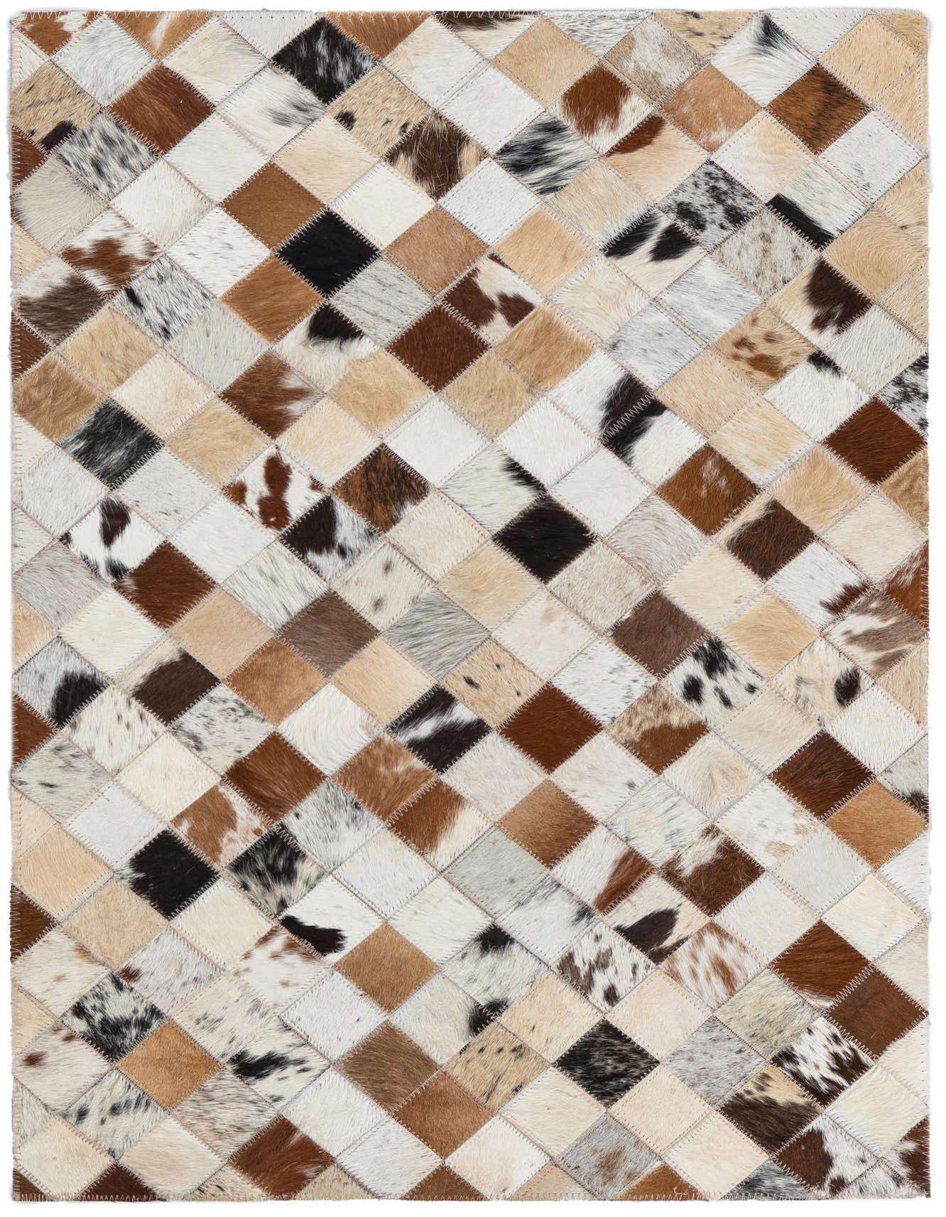 A 2x3 rectangular Cowhide Leather rug featuring a modern patchwork of multi-colored diamond-shaped cowhide pieces in shades of brown, white, and black.