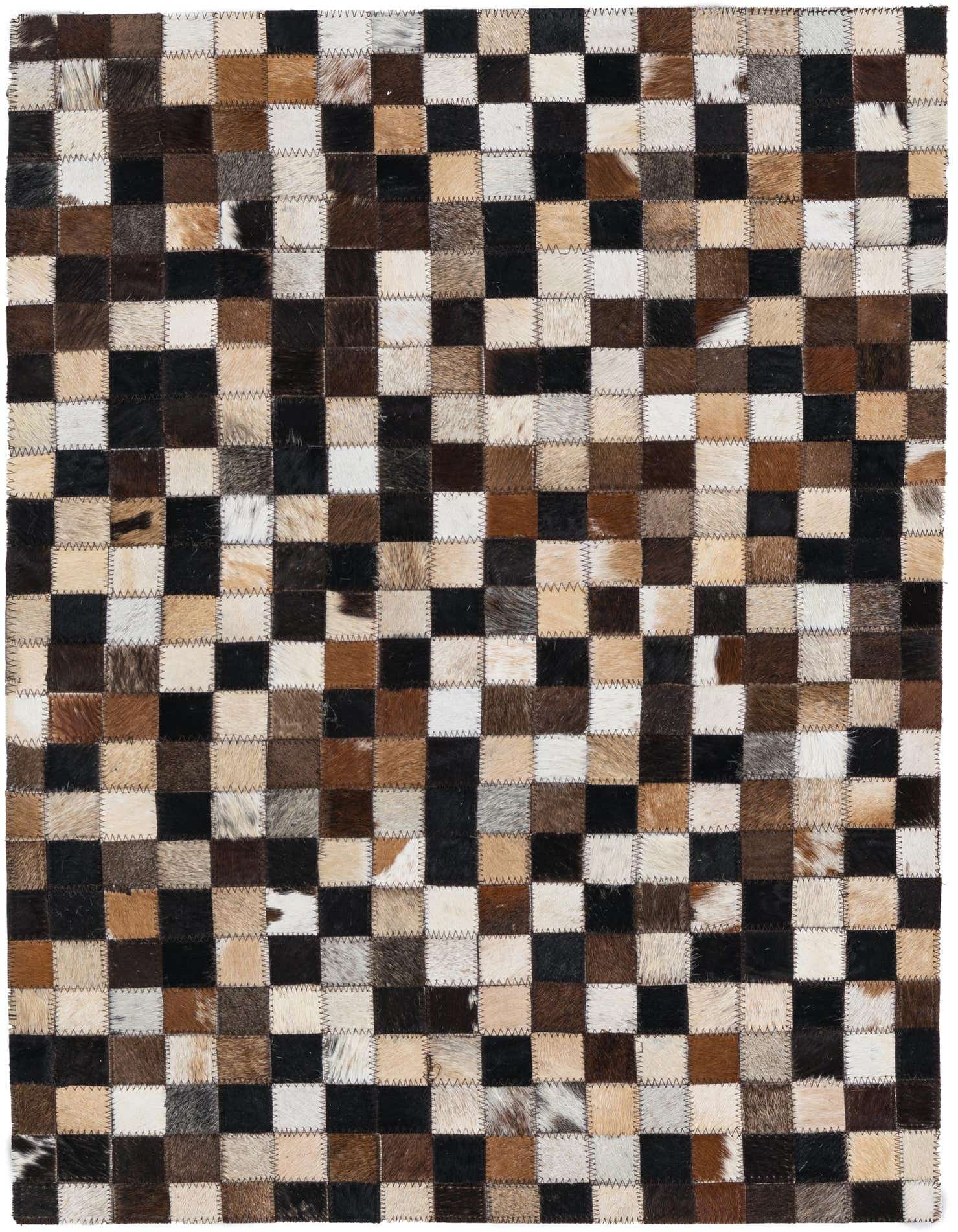 A 2x3 rectangular modern rug made from multi-colored cowhide and leather patches, perfect for a kitchen or entryway.