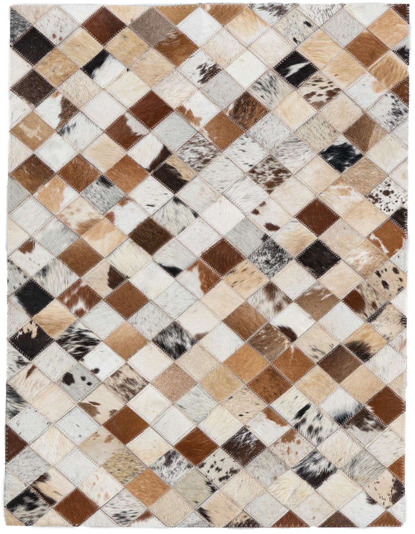 2x3 rectangular Cowhide Leather rug featuring a patchwork of multi-colored diamond-shaped cowhide pieces in various brown, white, and black tones.