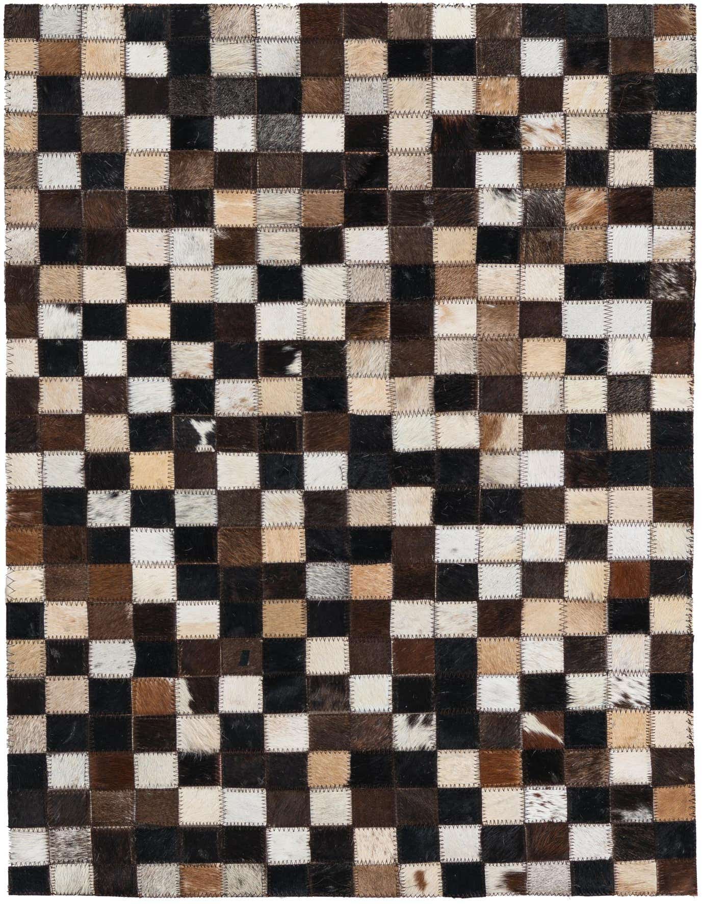 A 2x3 rectangular modern cowhide rug featuring a checkerboard pattern of black, white, and brown patches.
