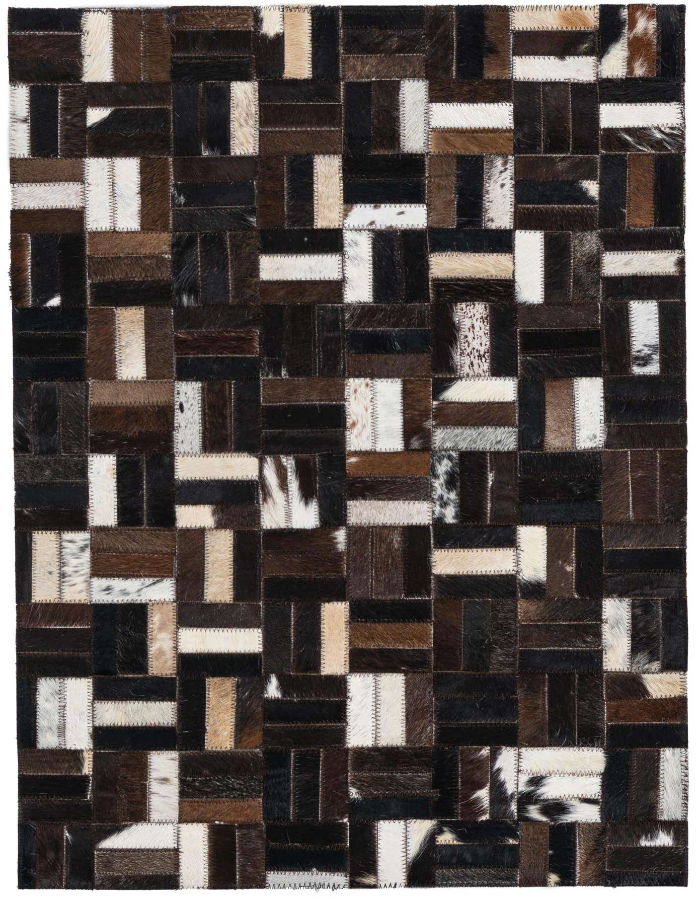 2x3 rectangular Cowhide Leather rug featuring a modern patchwork of multi-colored natural cowhide squares and rectangles in shades of brown, black, and white.