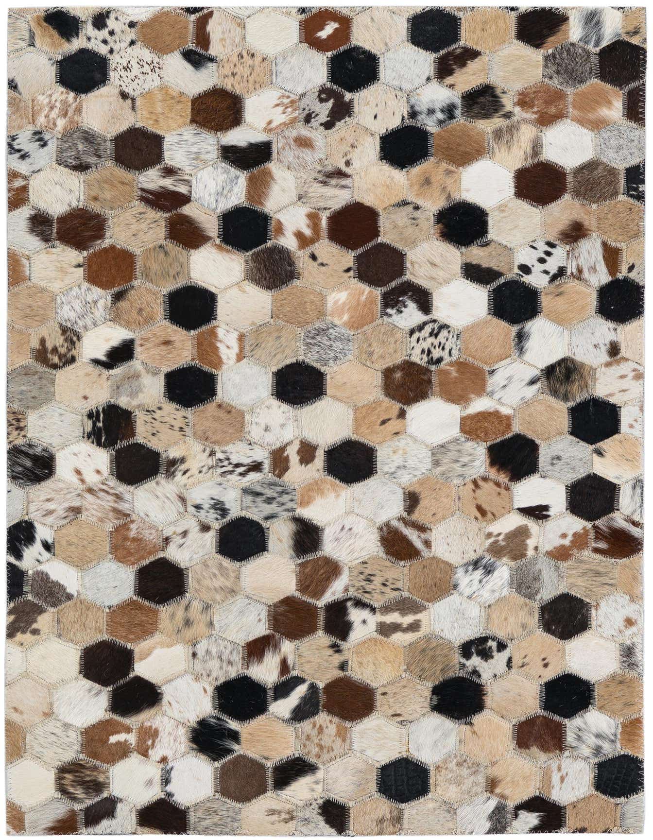 A 2x3 rectangular Cowhide Leather rug featuring a modern honeycomb pattern in various natural multi-colored shades.