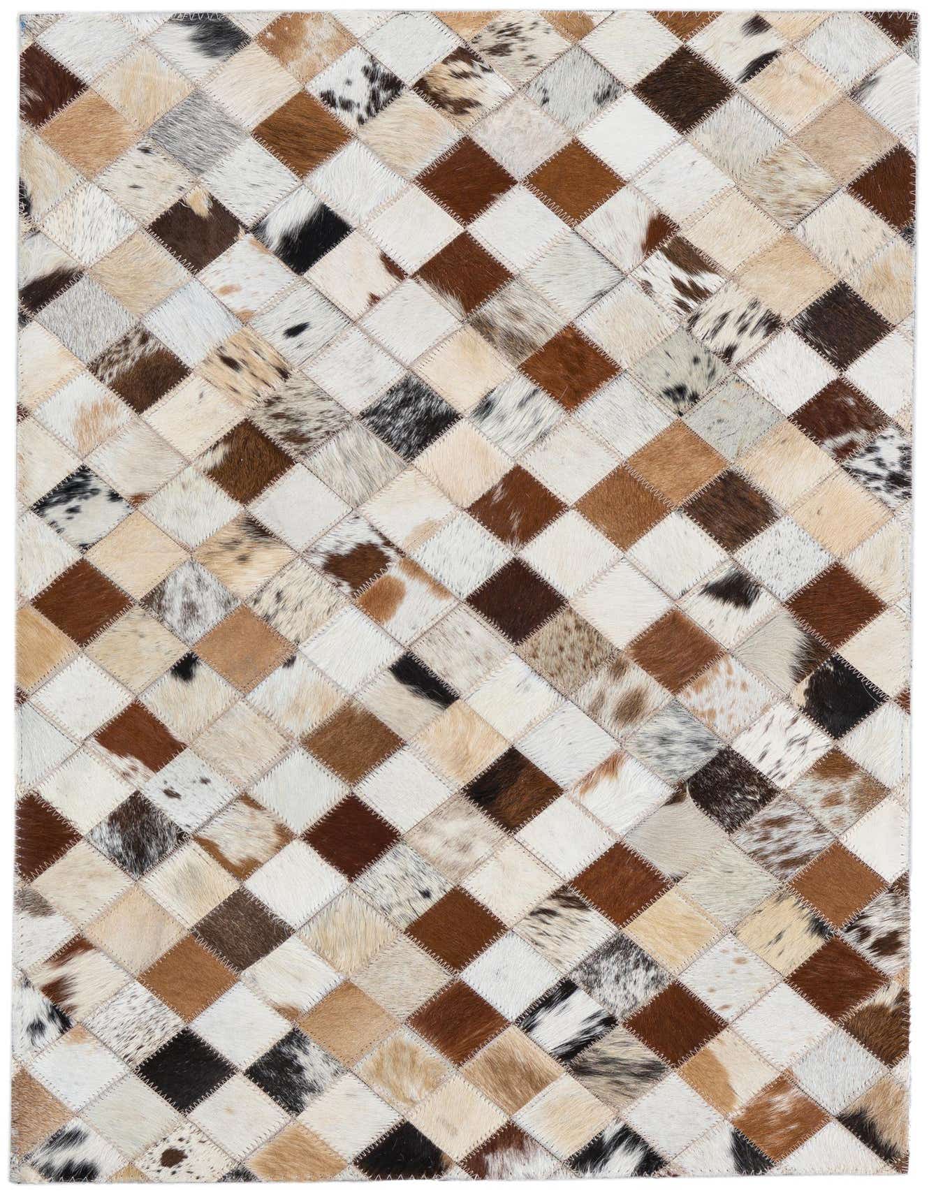 A 2x3 rectangular Cowhide Leather rug featuring a modern patchwork of multi-colored natural cowhide squares in various shades of brown, white, and black.