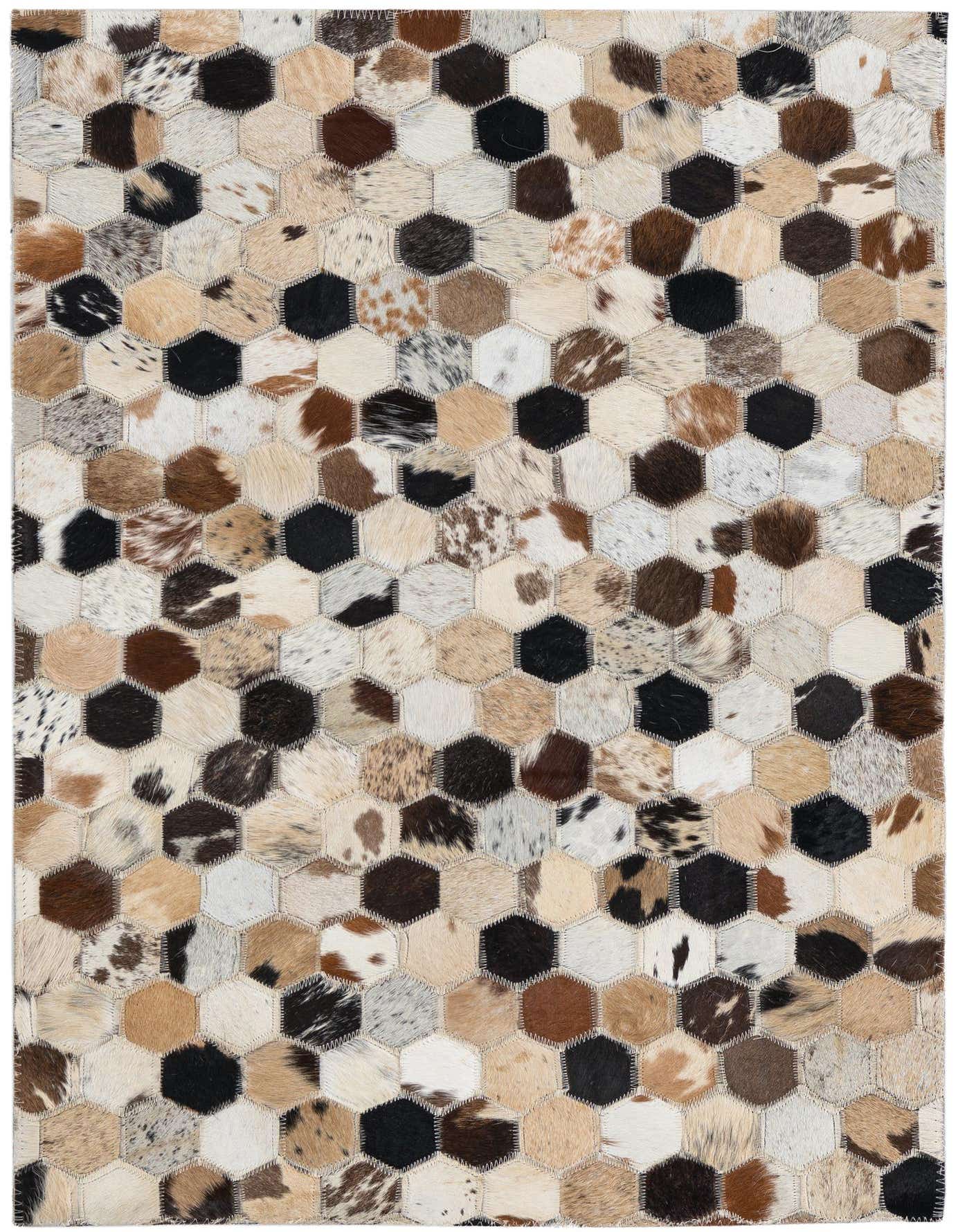 A 2x3 rectangular Cowhide Leather rug featuring a modern multi-colored hexagonal patchwork pattern in various natural hide tones.