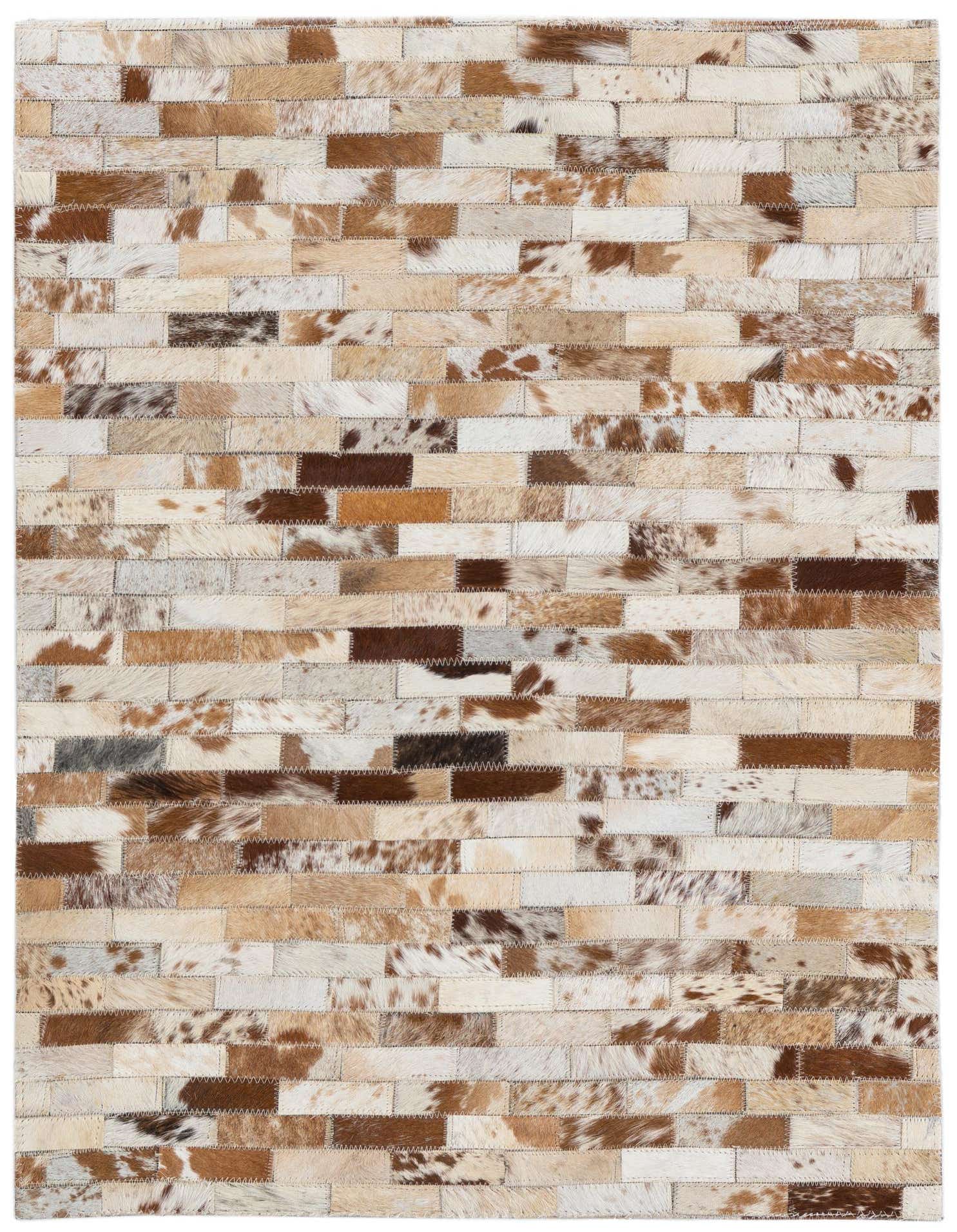 A 2x3 rectangular Cowhide Leather rug featuring a modern patchwork of multi-colored brown, white, and tan cowhide pieces.