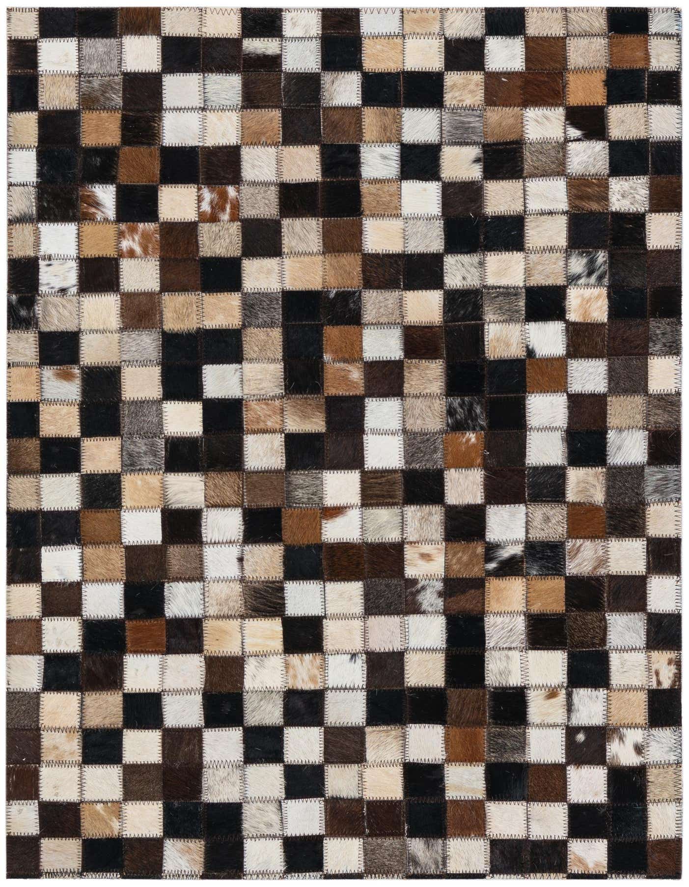 A 2x3 rectangular Rugs.com Cowhide Leather rug featuring a modern multi-colored checkerboard pattern of natural cowhide patches.