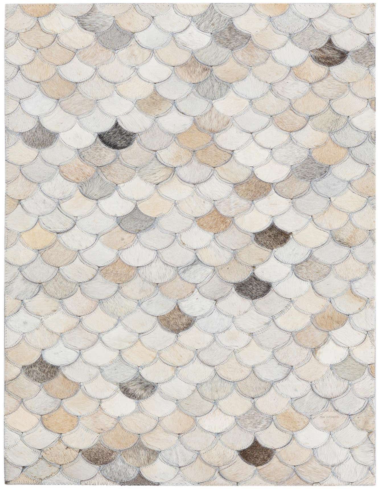 A rectangular 2x3 Cowhide Leather rug featuring a modern scalloped pattern in multi-colored natural tones of white, beige, and brown.