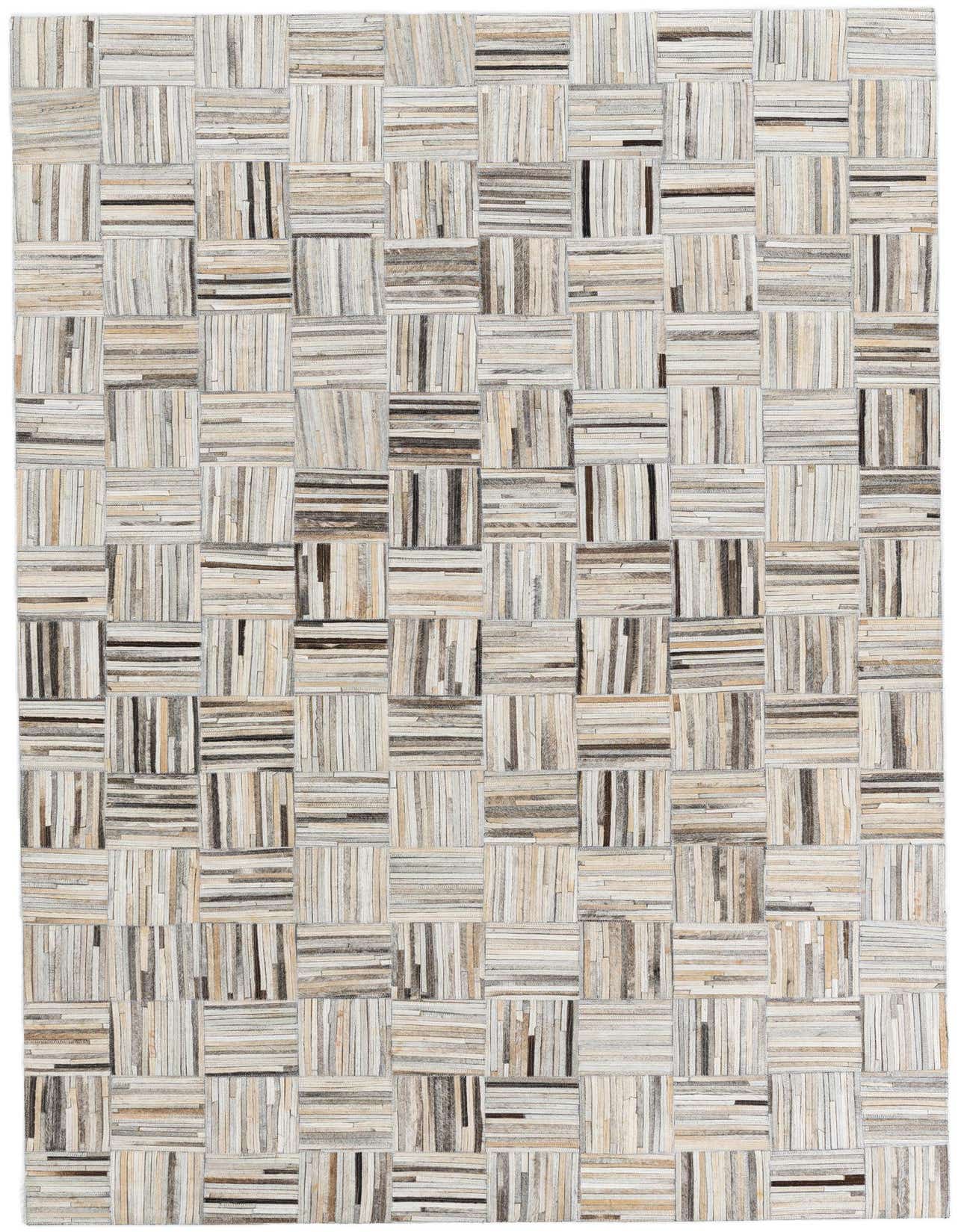 A 5x8 rectangular Cowhide Leather rug featuring a modern stripe pattern in multi-colored natural tones.