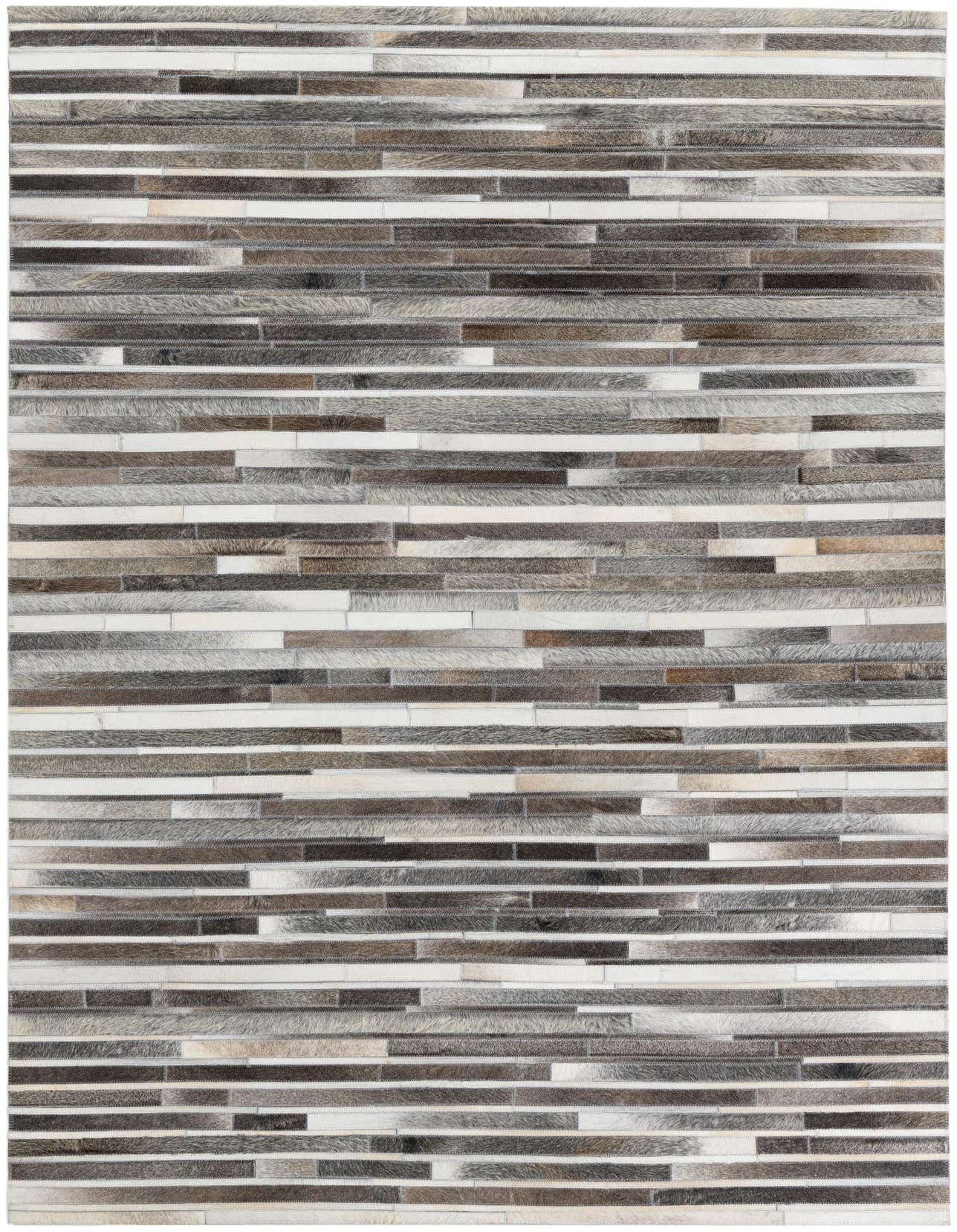 A rectangular 5x8 Cowhide Leather rug featuring a modern stripe pattern in multi-colored natural tones.