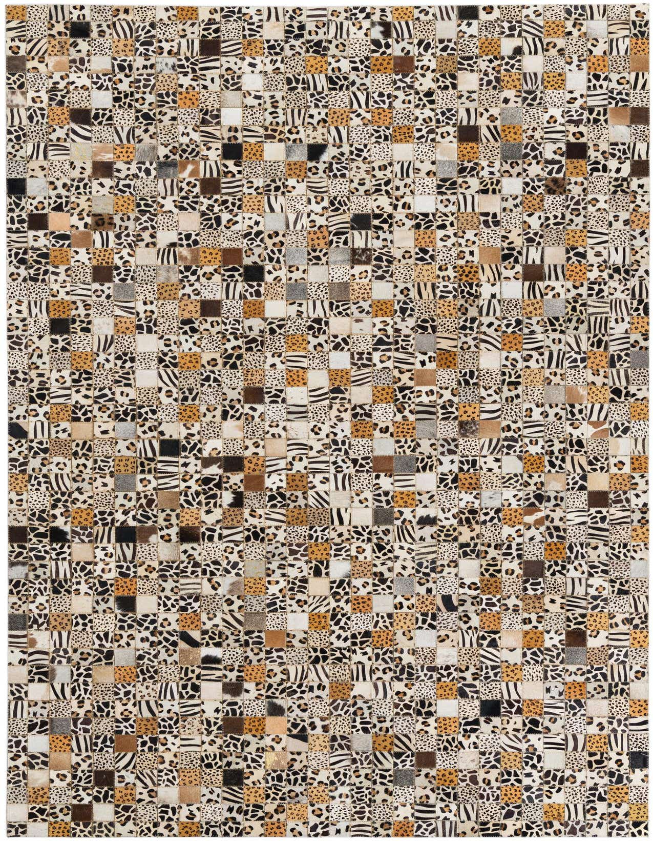 A rectangular 5x8 multi-colored modern rug featuring a patchwork of cowhide and leather squares with various animal prints.