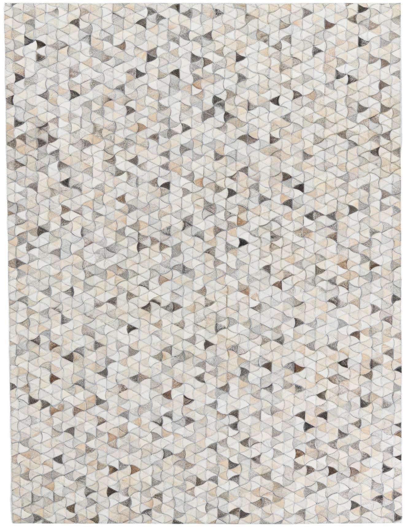 A 5x8 rectangular Cowhide Leather rug featuring a modern geometric pattern in multi-colored natural tones.