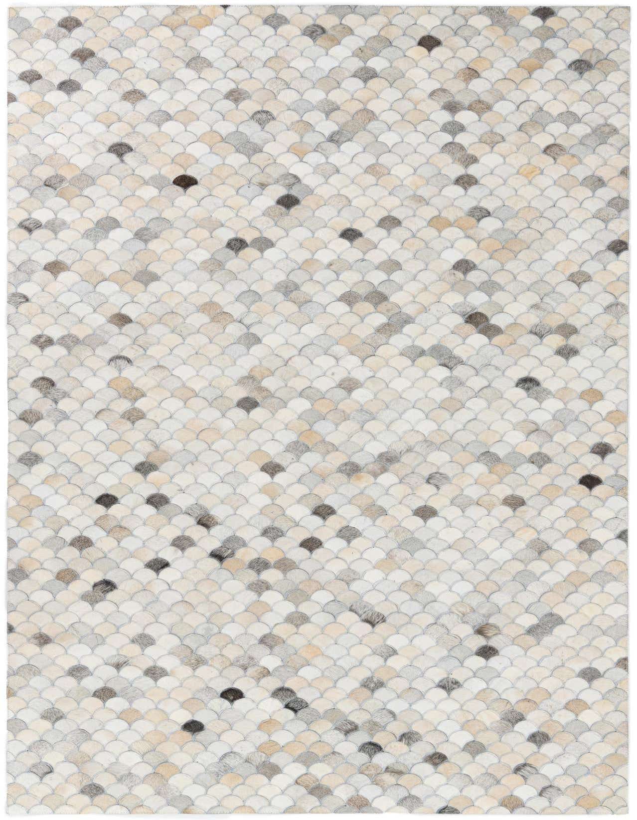 A rectangular 5x8 modern rug made from cowhide and leather, featuring a multi-colored scallop pattern in shades of white, beige, and gray, ideal for a living room.