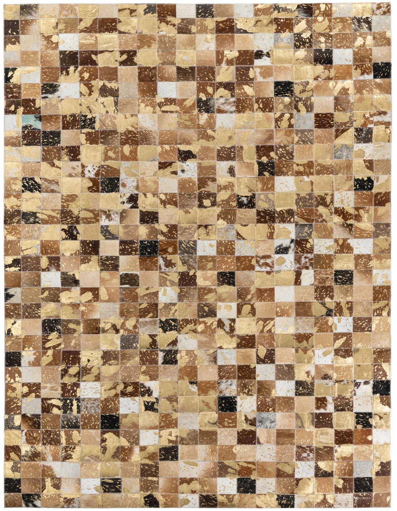 A 5x8 rectangular Cowhide Leather rug featuring a modern patchwork design in multi-colored squares with gold accents.