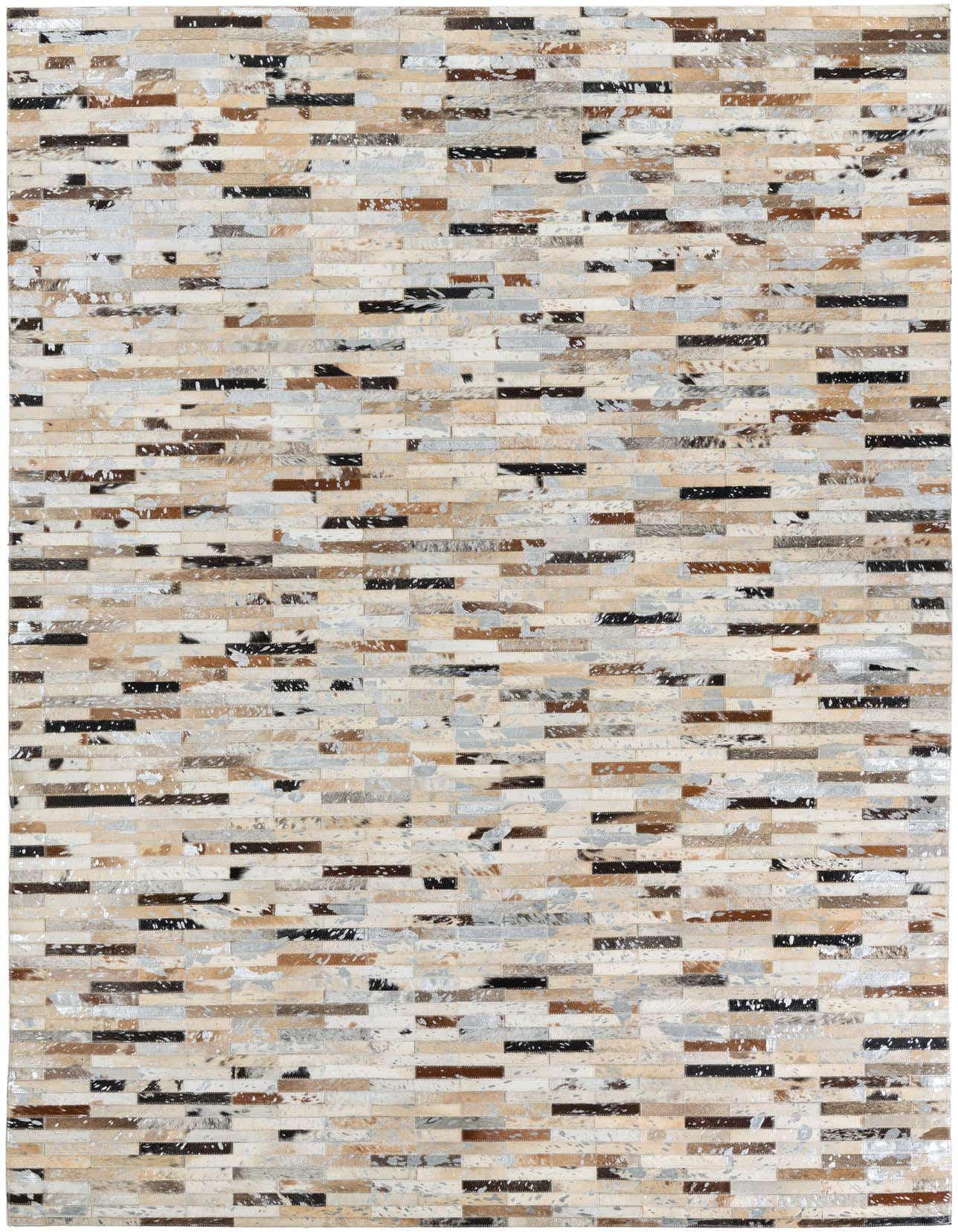 A 5x8 rectangular Cowhide Leather rug featuring a modern stripe pattern in multi-colored natural tones.