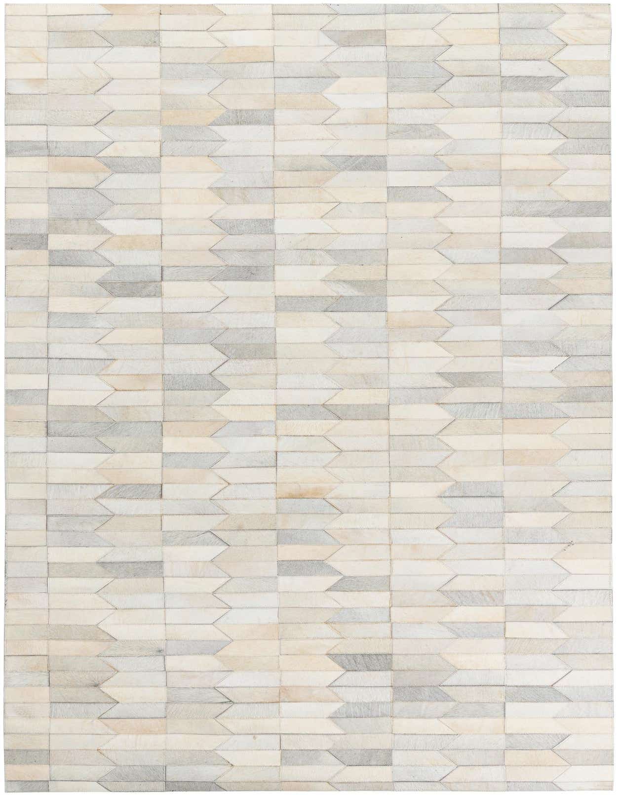 A 5x8 rectangular rug with a modern chevron pattern made from multi-colored cowhide and leather patches in shades of cream, beige, and light gray.