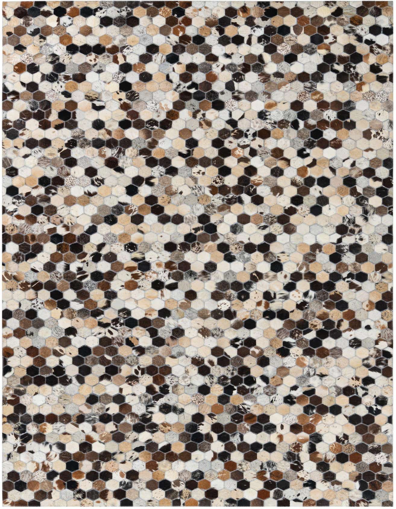 A 5x8 rectangular Cowhide Leather rug featuring a modern hexagonal patchwork pattern in multi-colored natural cowhide tones.
