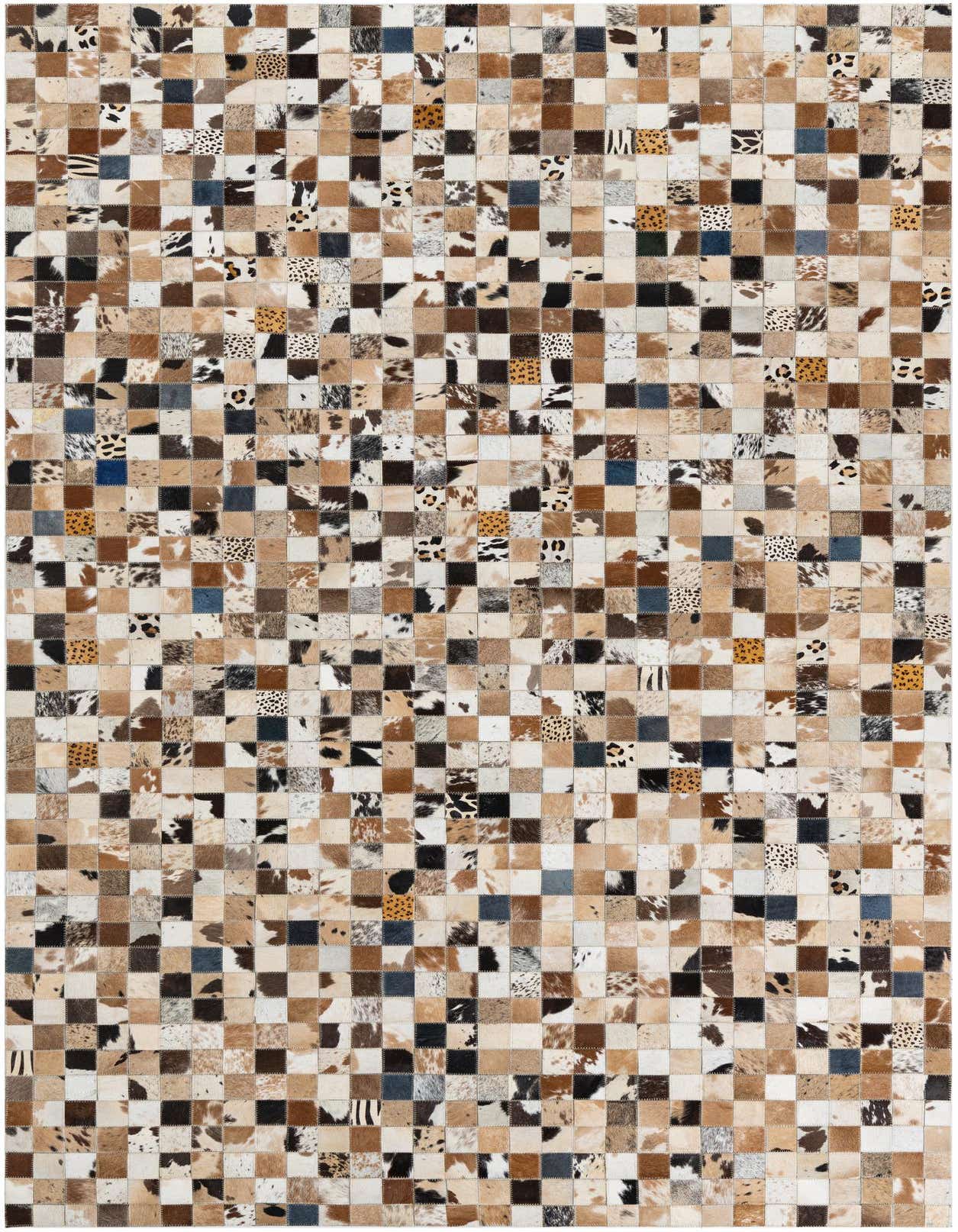A 5x8 rectangular, multi-colored modern rug made from patched cowhide and leather, featuring various natural and dyed animal prints.