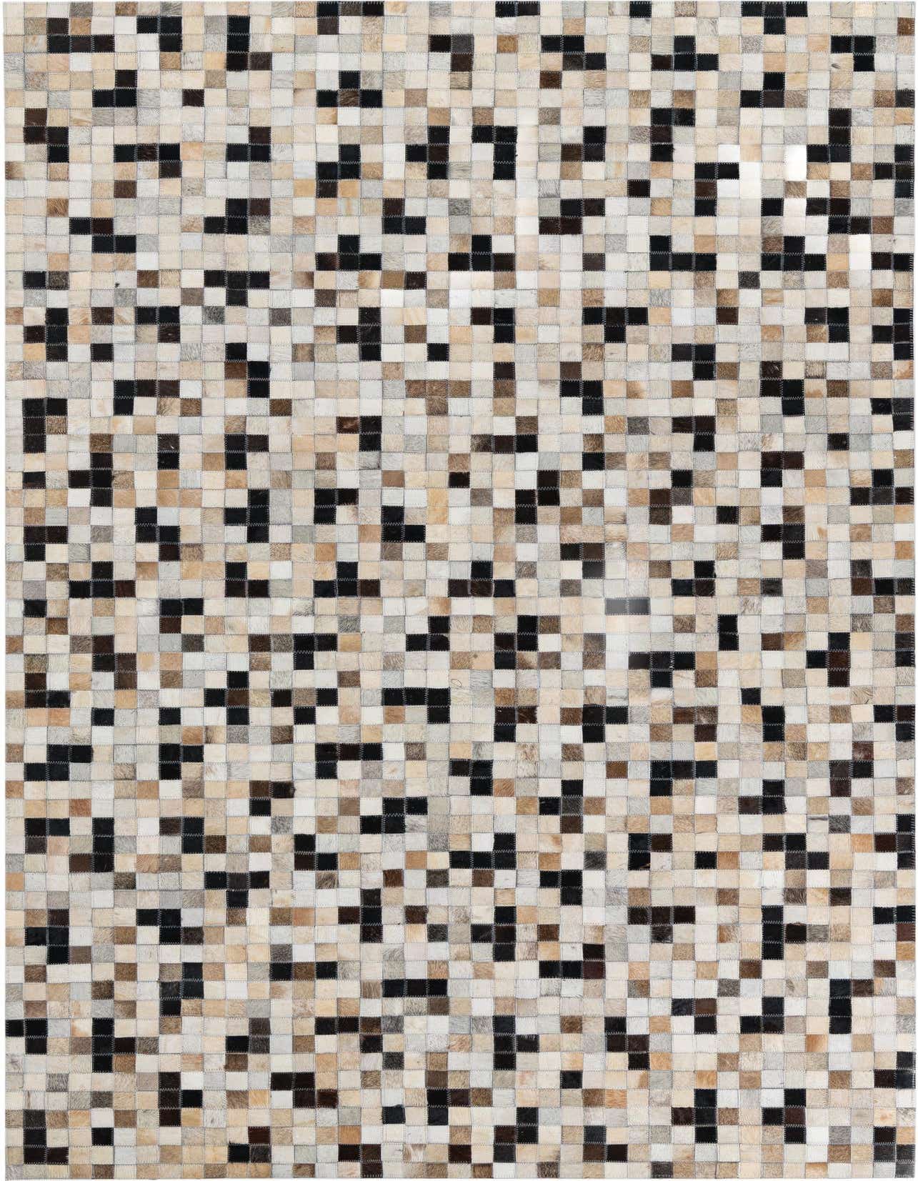 A 5x8 rectangular Cowhide & Leather rug featuring a modern patchwork of multi-colored squares in various shades of brown, black, and white.