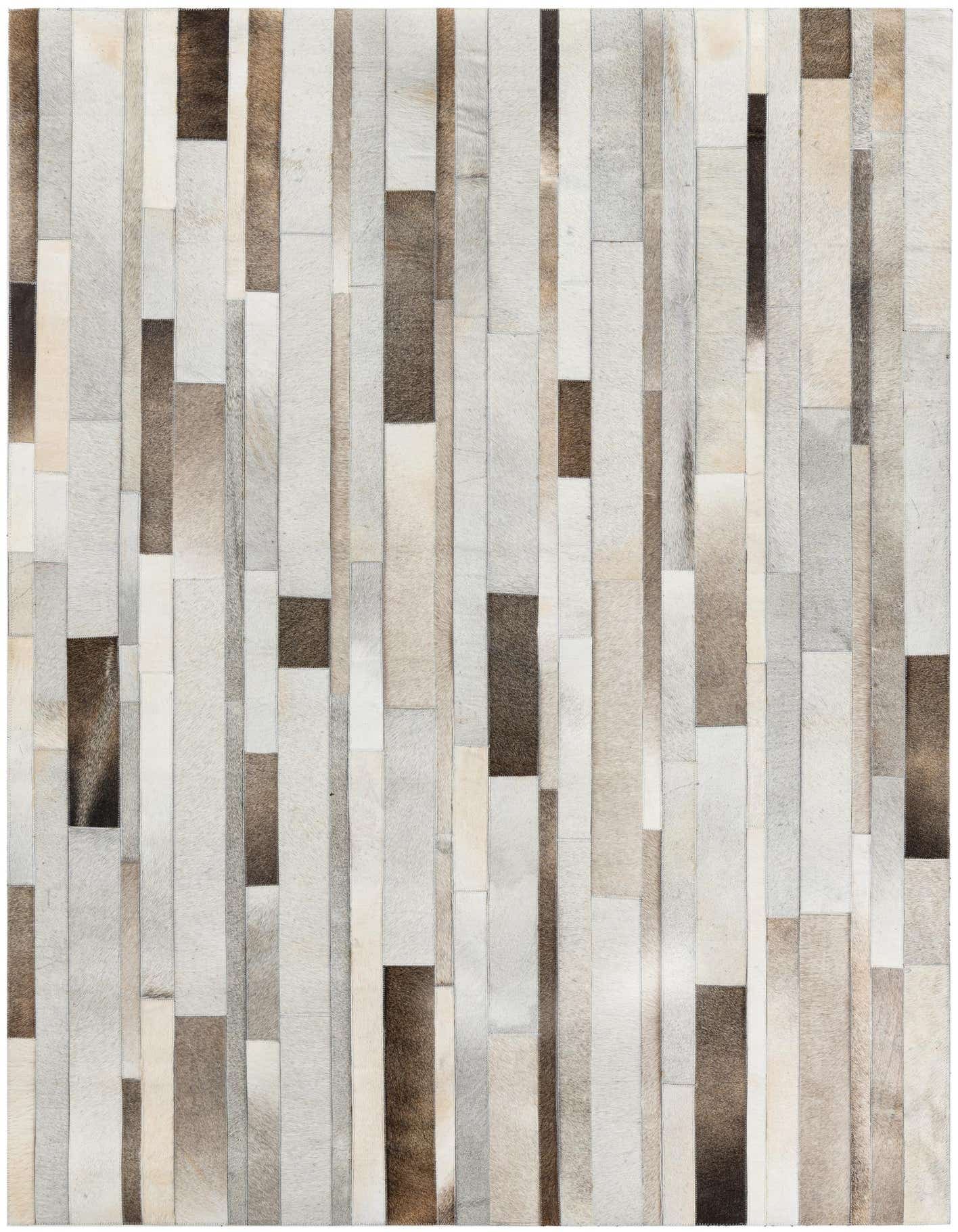 A rectangular 5x8 modern stripe rug made of multi-colored cowhide and leather, featuring varying shades of brown, beige, and white.