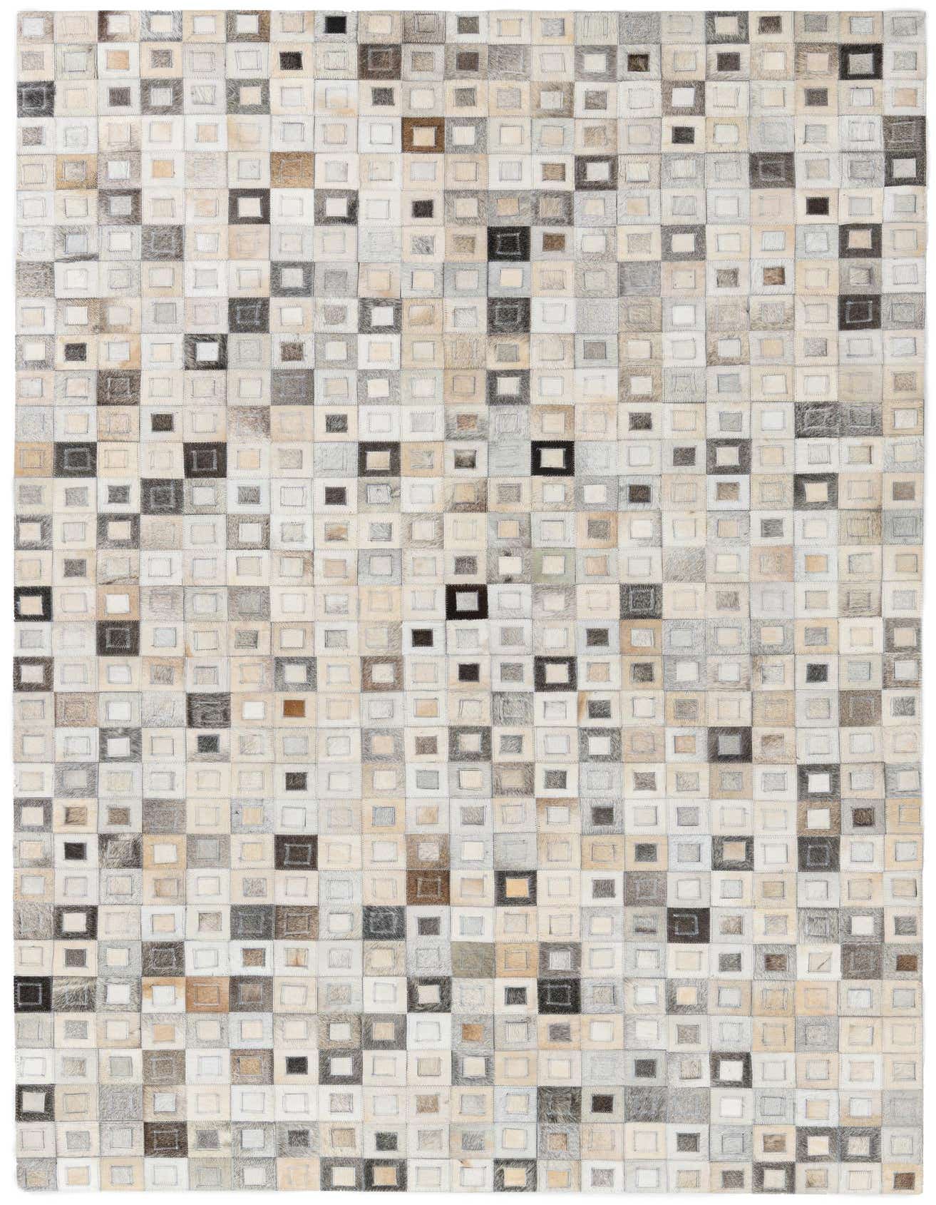 A 5x8 rectangular, multi-colored modern cowhide and leather rug with a patchwork square pattern.