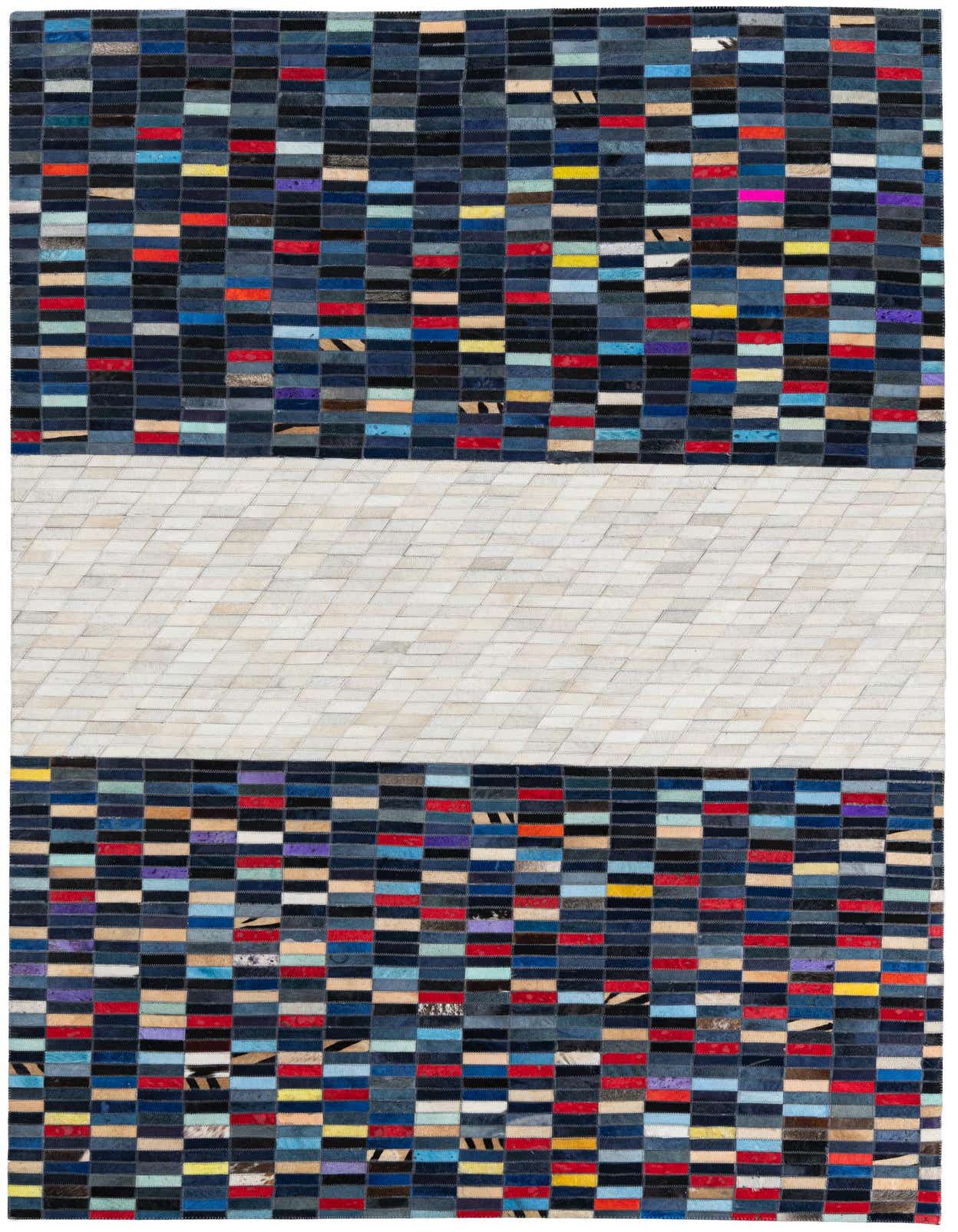 A 5x8 rectangular Cowhide Leather rug featuring a multi-colored modern stripe pattern with a central white band.