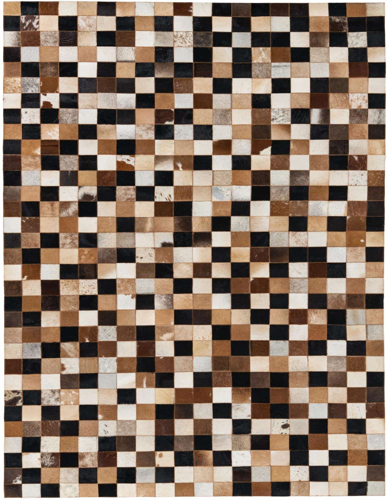 A 5x8 rectangular Cowhide Leather rug featuring a modern checkered pattern in multi-colored natural cowhide patches.