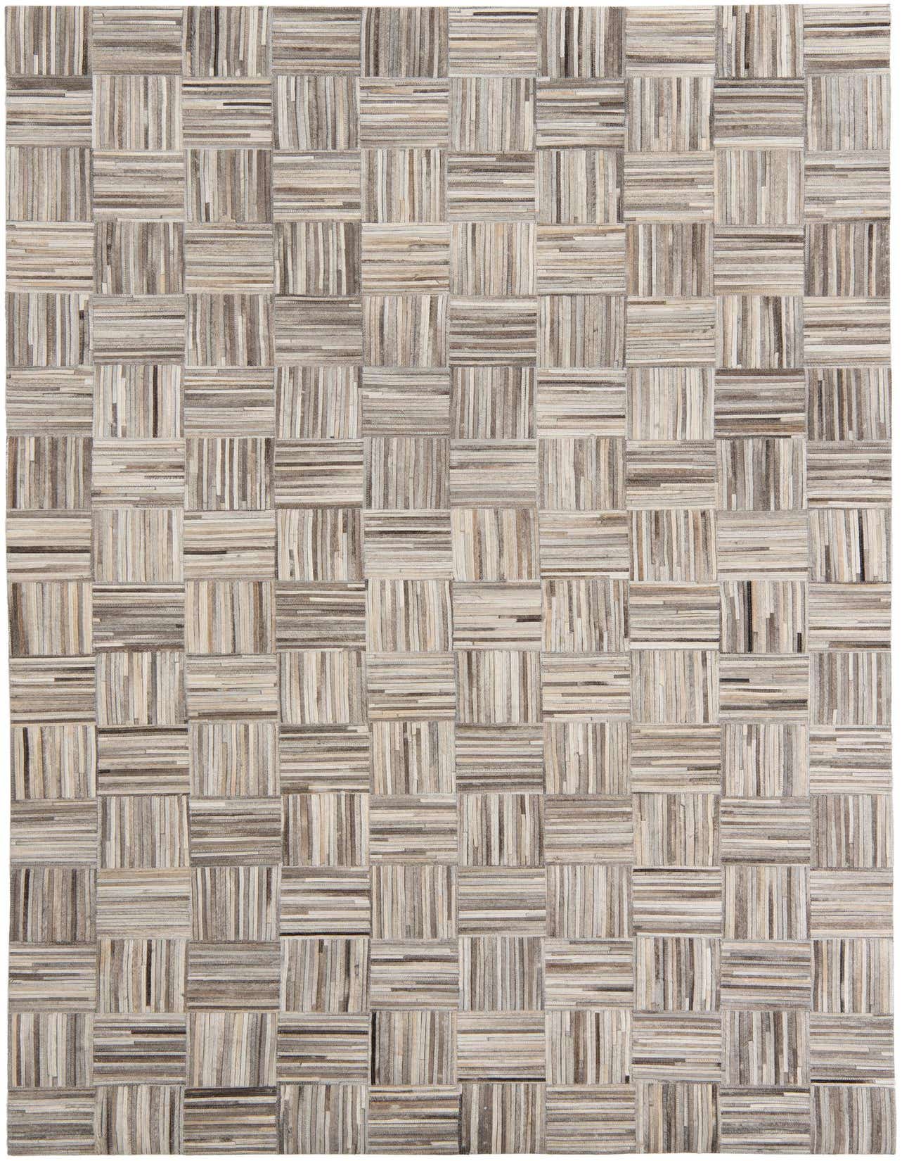 A 5x8 rectangular Cowhide Leather rug featuring a modern striped patchwork design in multi-colored natural tones.